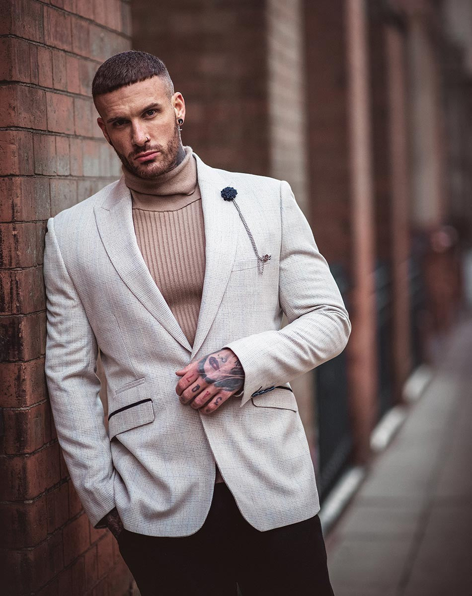 Men’s Beige Tweed Glen Check Slim Fit Suit Jacket CARIDI