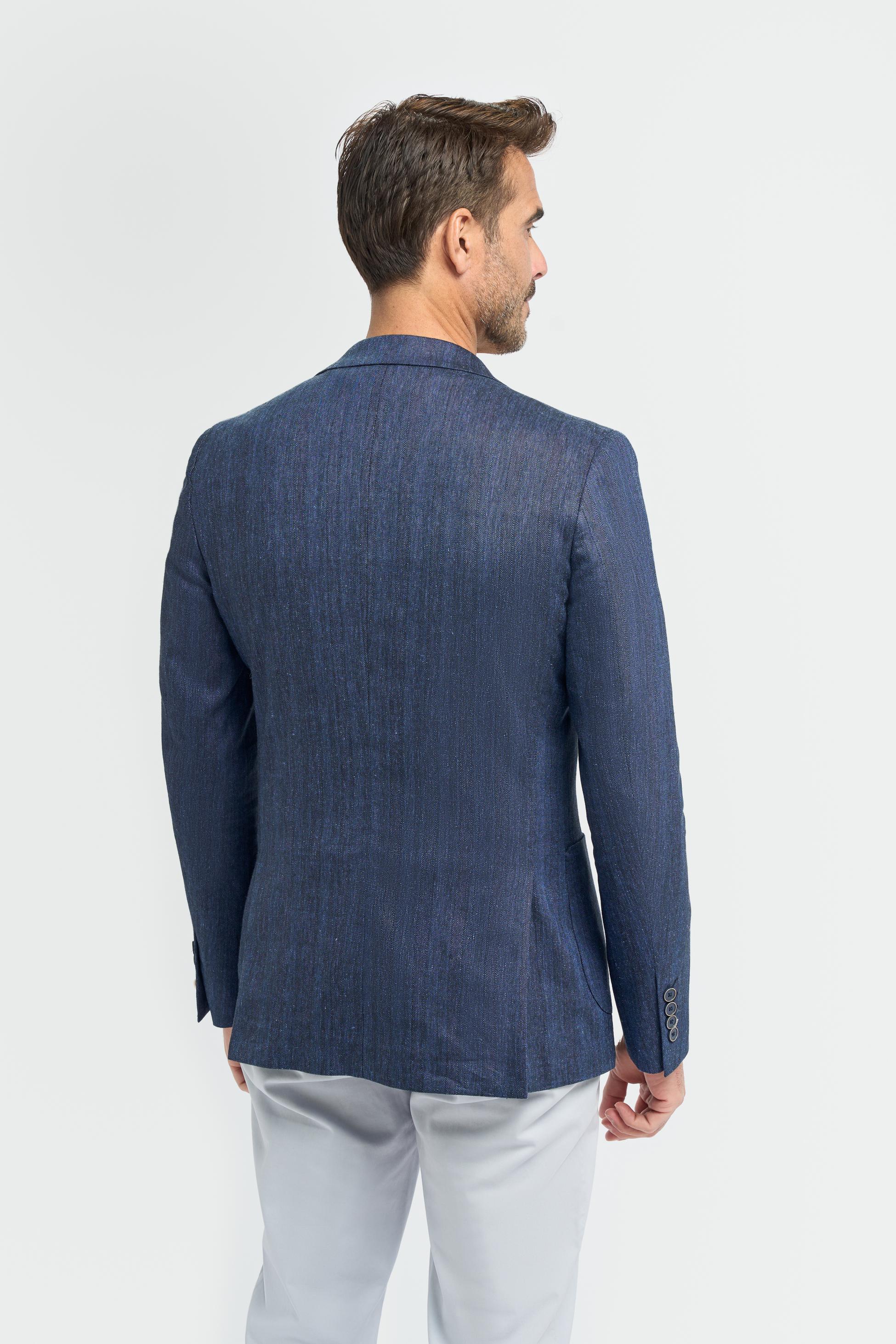 Mens Linen Herringbone Blazer with Patch Pockets - Luigi - Navy Blue
