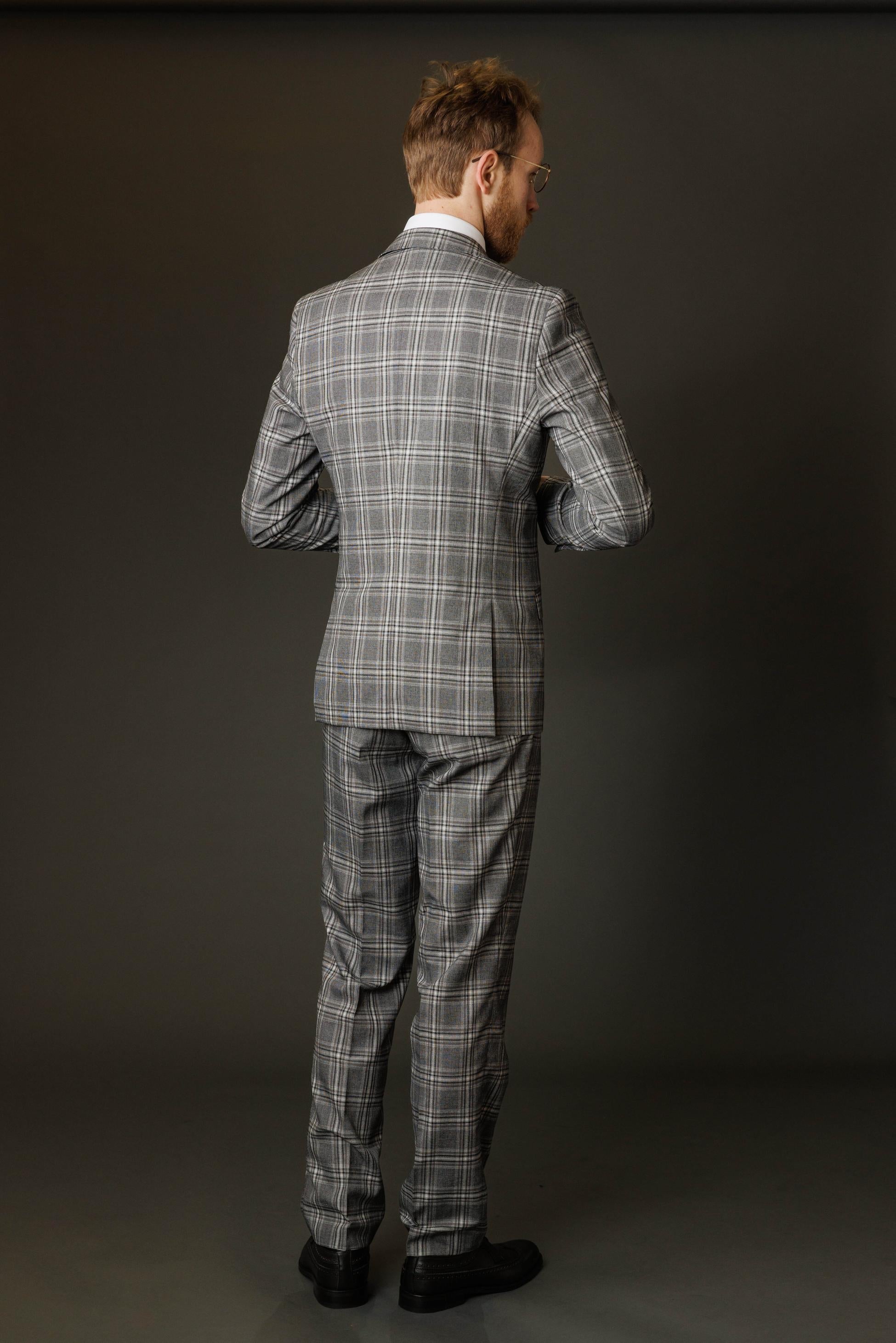 Men's Blake Steel Grey Windowpane Pattern Slim Fit Suit