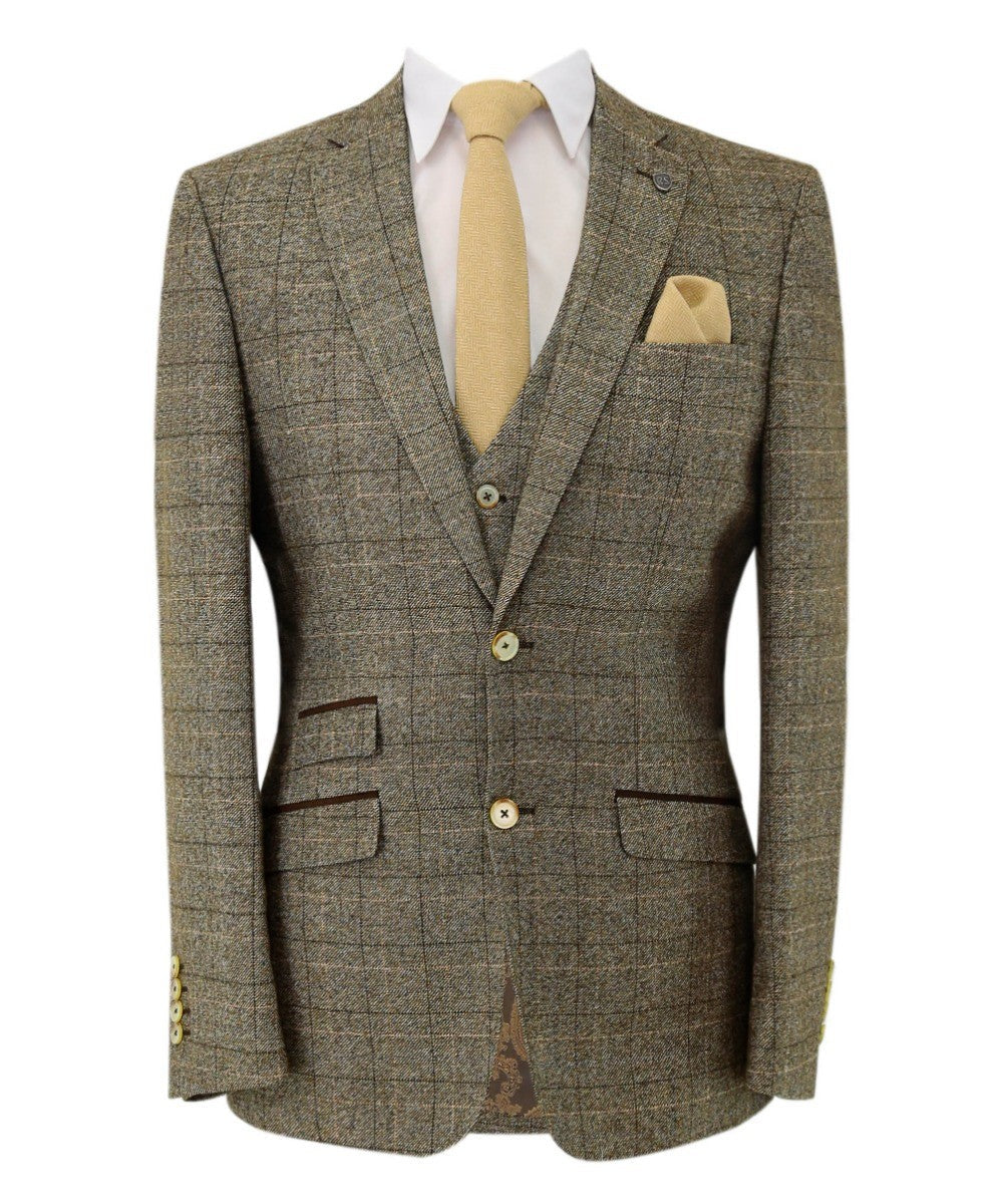 LIAM Men’s Tailored Fit Tweed Windowpane Check Beige Suit