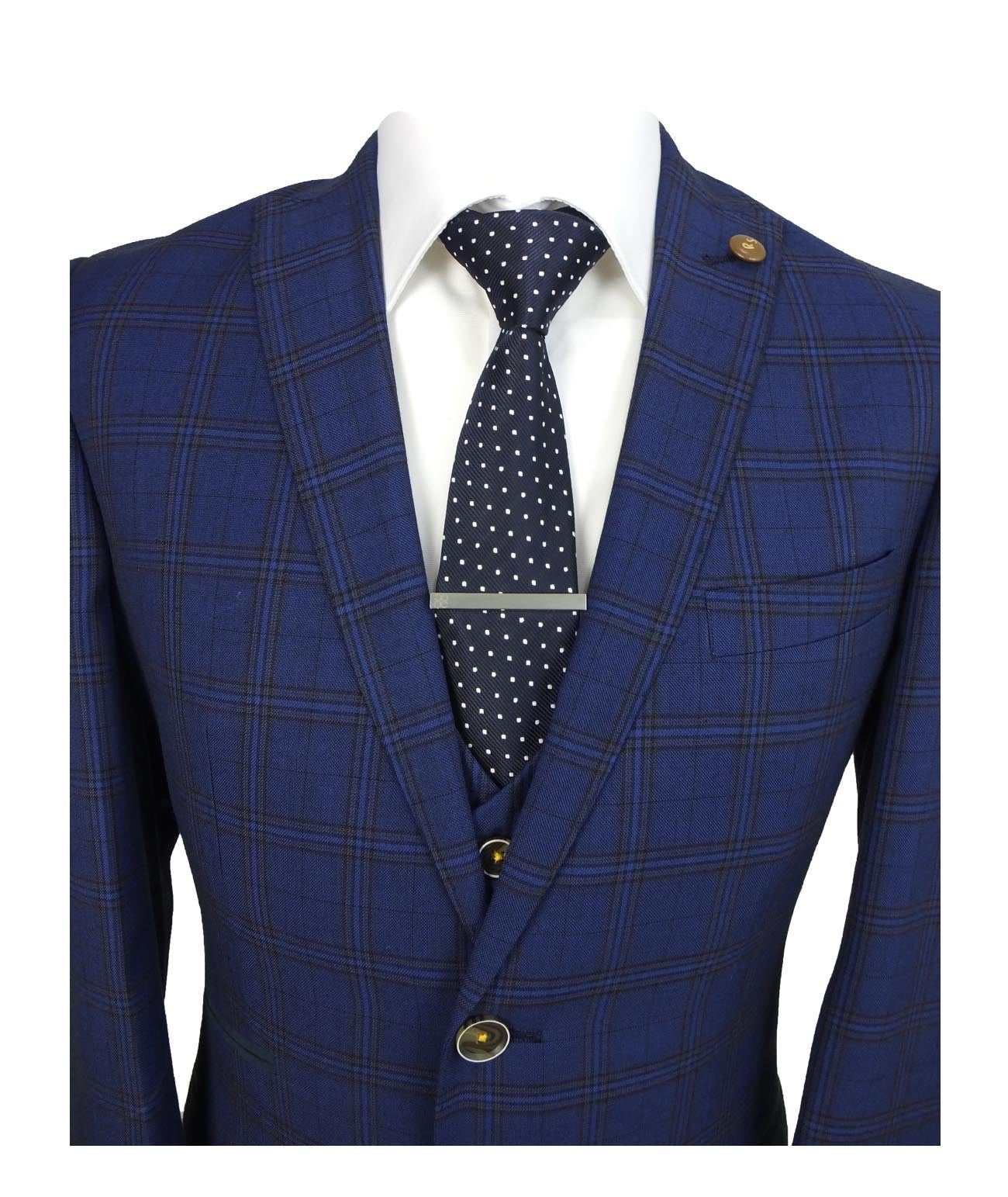 Men's Marcello Navy Blue Check 3-Piece Slim Fit Suit