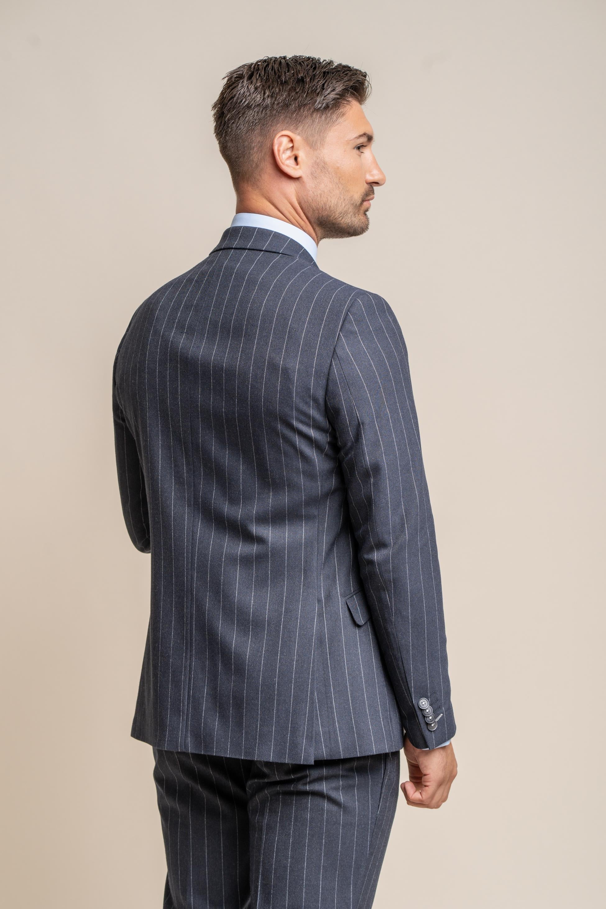 Men’s Navy Pinstripe Slim Fit Suit Jacket INVINCIBLE