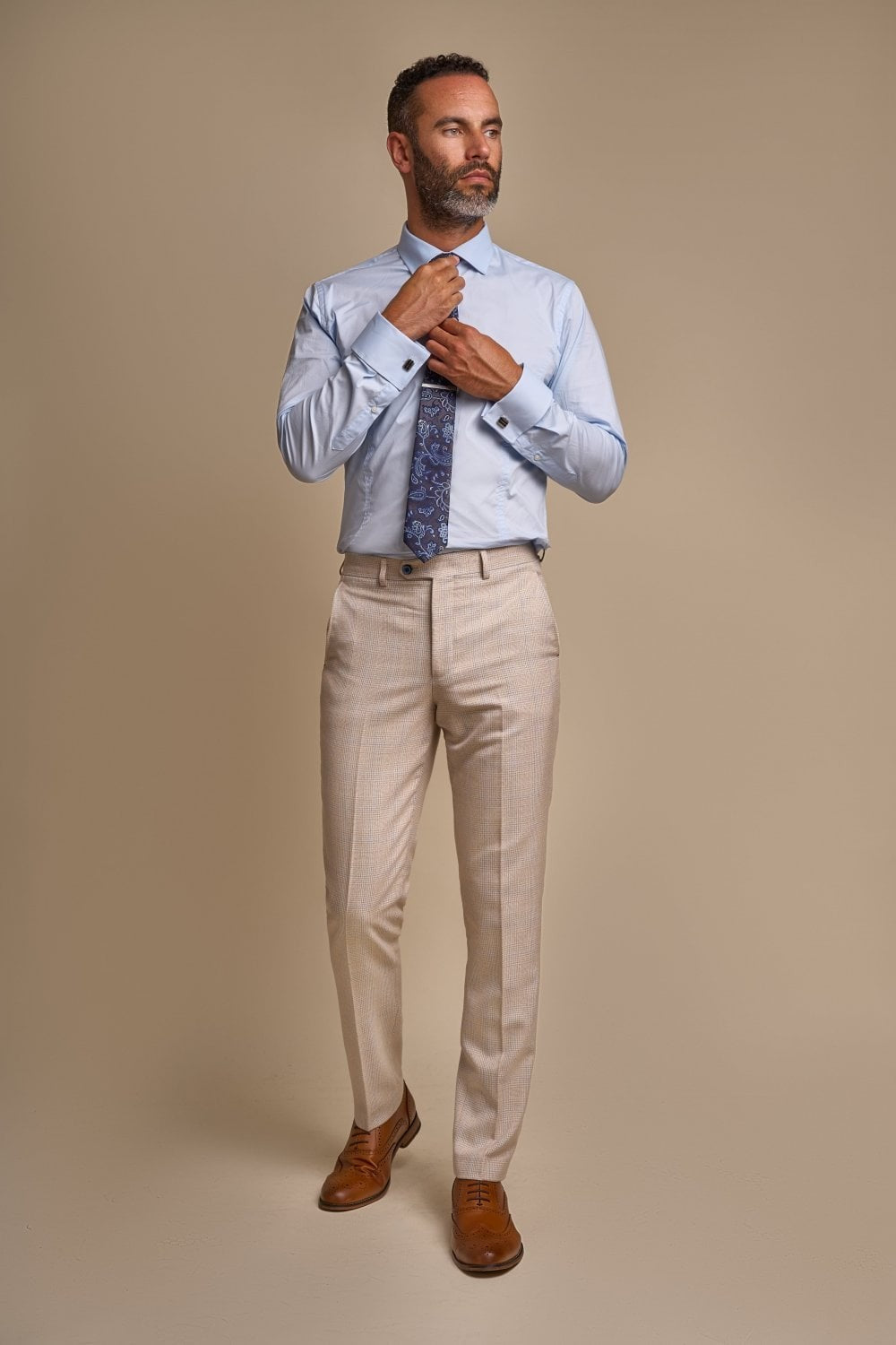 Men's Caridi Beige Glen Check 2-Piece Double-Breasted Suit