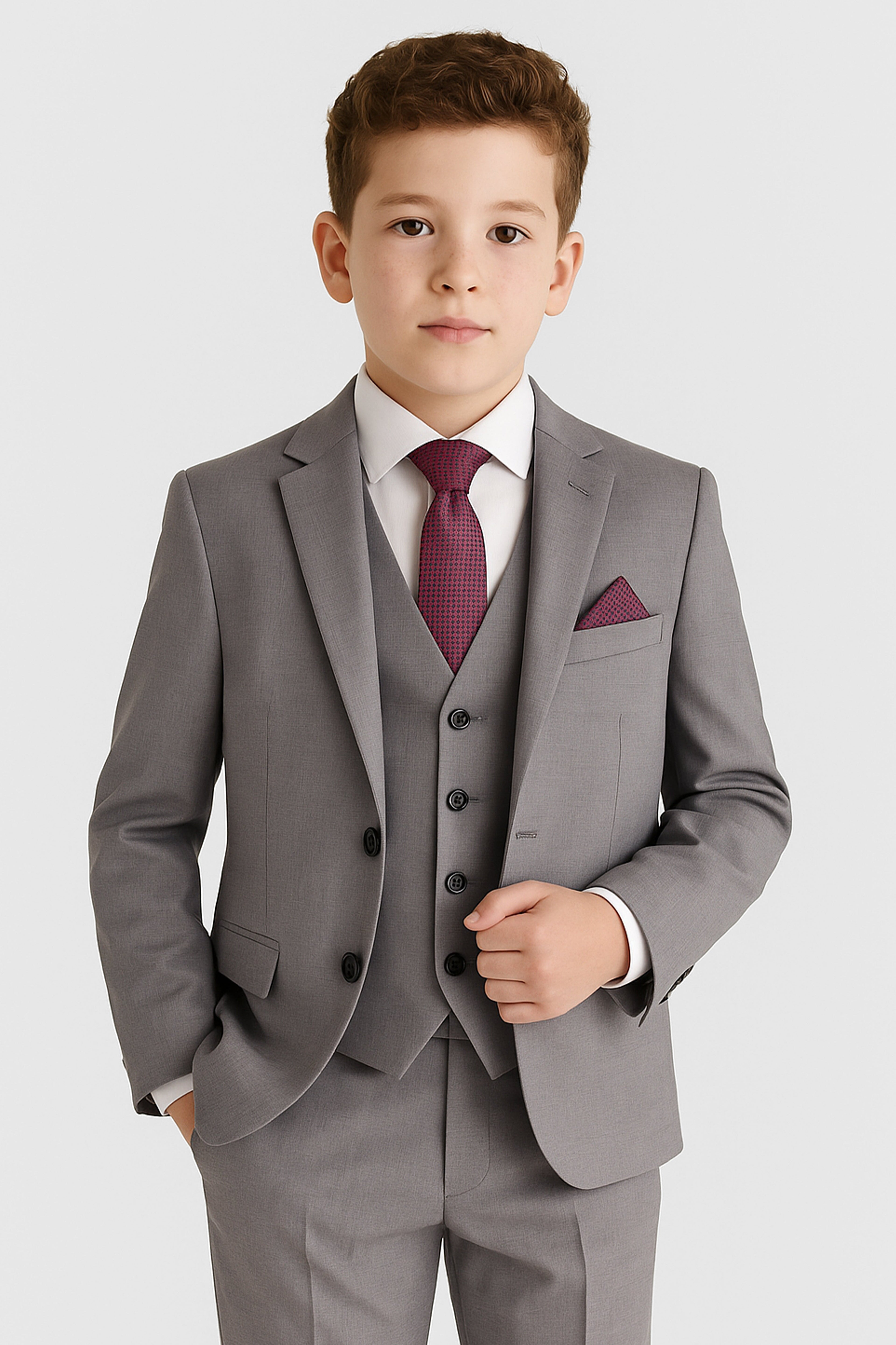 Boys 3-Piece Tailored Fit Grey Formal Suit - Edward Front Picture