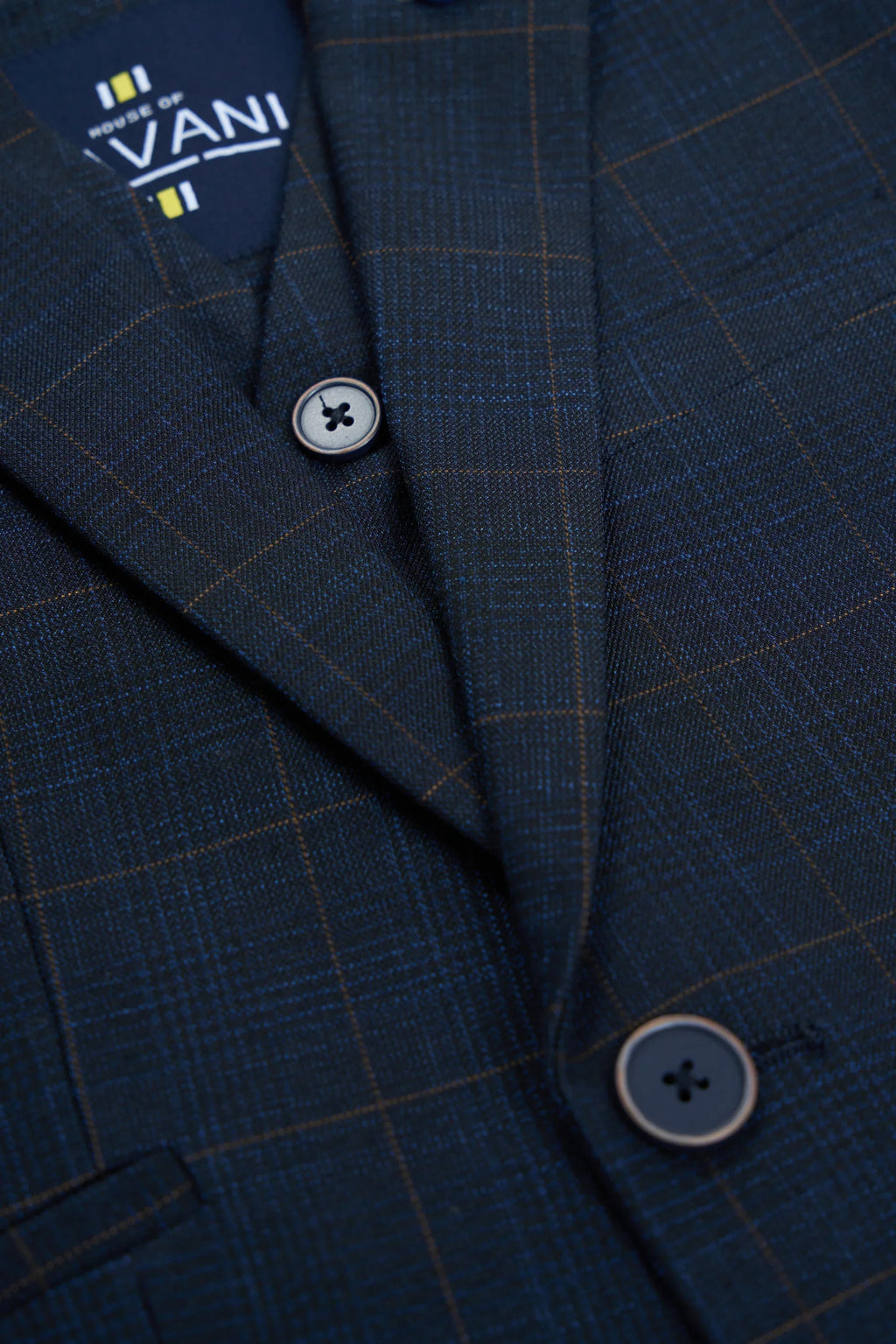 Boys’ 3-Piece Windowpane Check Suit - Torino - Navy Blue Jacket Front Detail Picture