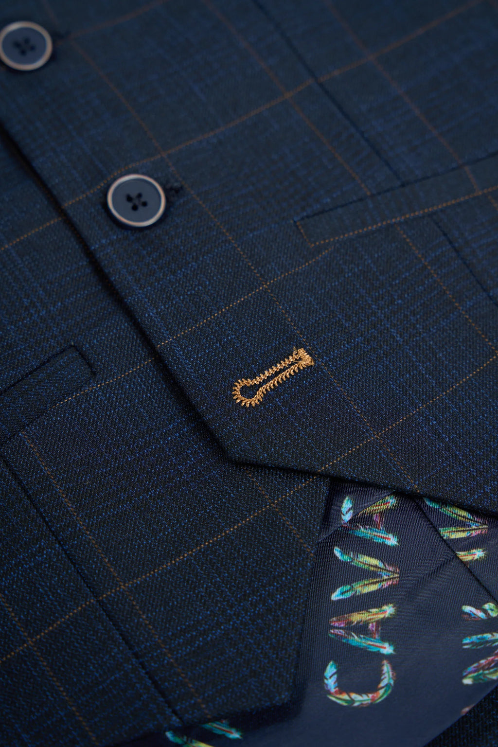 Boys’ 3-Piece Windowpane Check Suit - Torino - Navy Blue Waistcoat Detail Picture