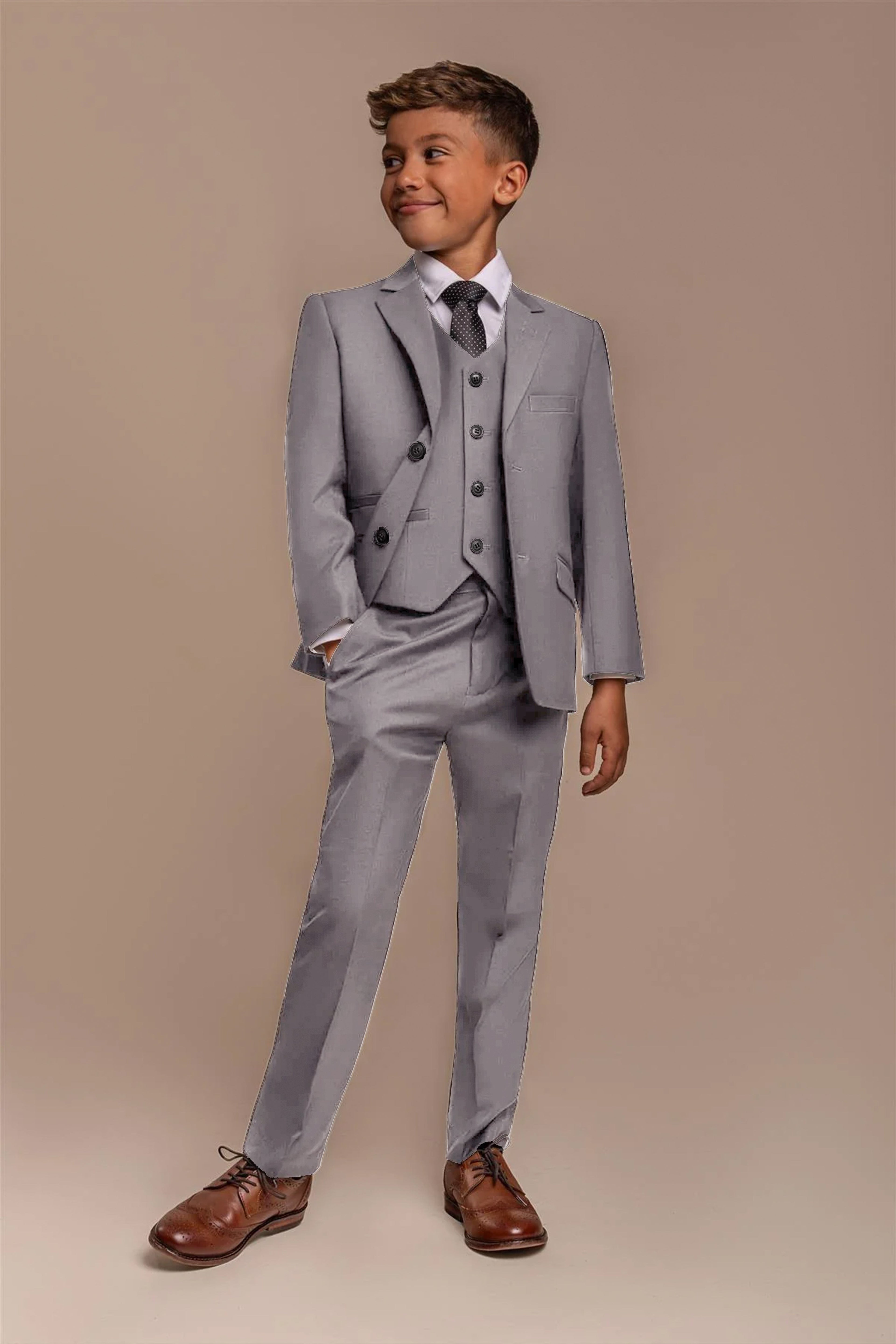 Boys Slim Fit Formal Suit - REEGAN - Light Grey Model Front Picture