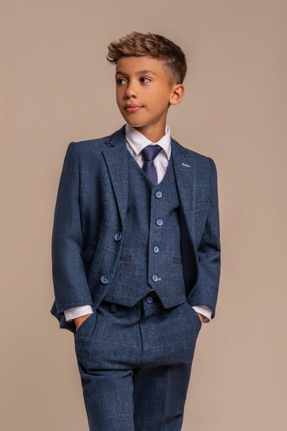 Boys Navy Blue Slim Fit Wool Blend Herringbone Tweed Suit CARNEGI