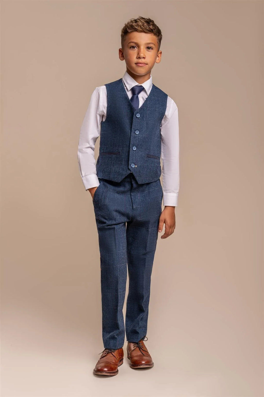 Boys Slim Fit Herringbone Tweed Blue Suit - CARNEGI - Navy Blue Waistcoat Front Picture