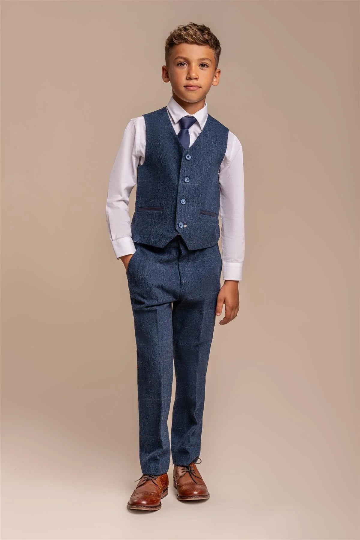 Boys Slim Fit Herringbone Tweed Blue Suit - CARNEGI - Navy Blue Waistcoat Front Picture