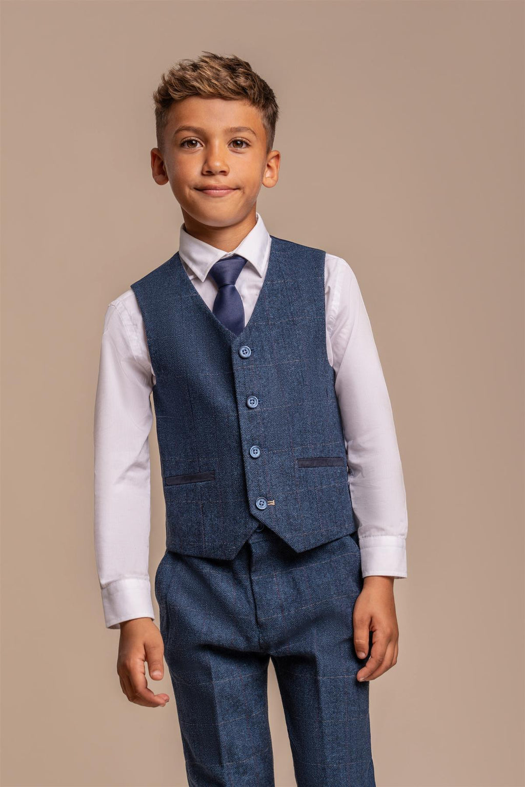 Boys Slim Fit Herringbone Tweed Blue Suit - CARNEGI - Navy Blue Waistcoat Picture