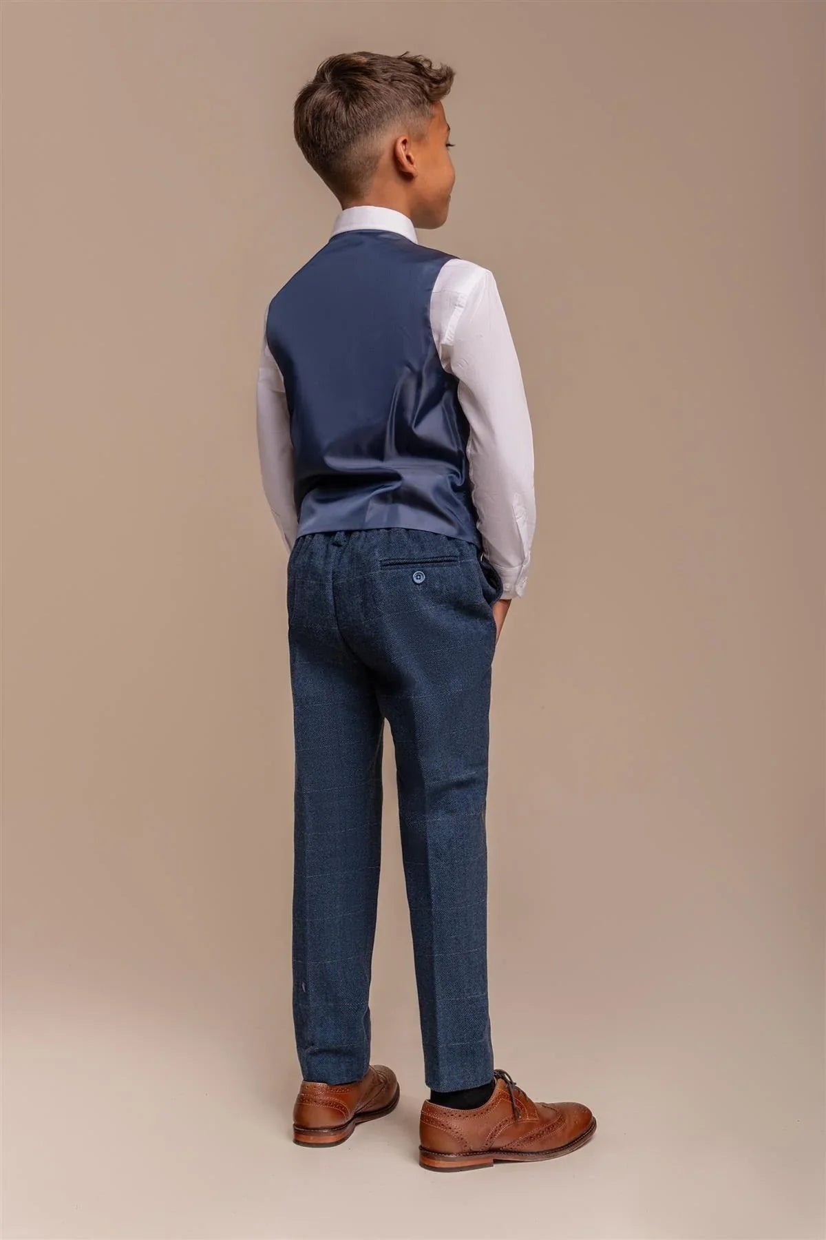 Boys Slim Fit Herringbone Tweed Blue Suit - CARNEGI - Navy Blue Waistcoat Back Picture