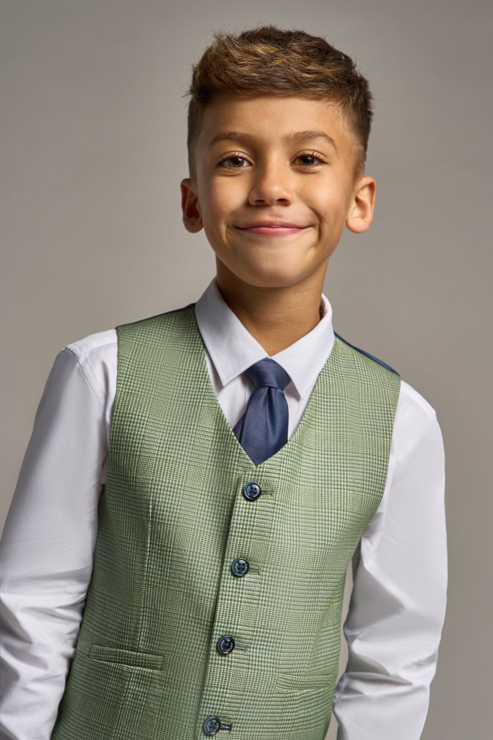 Boys Slim Fit Tweed Check Suit - CARIDI - Sage Green Waistcoat Front Picture