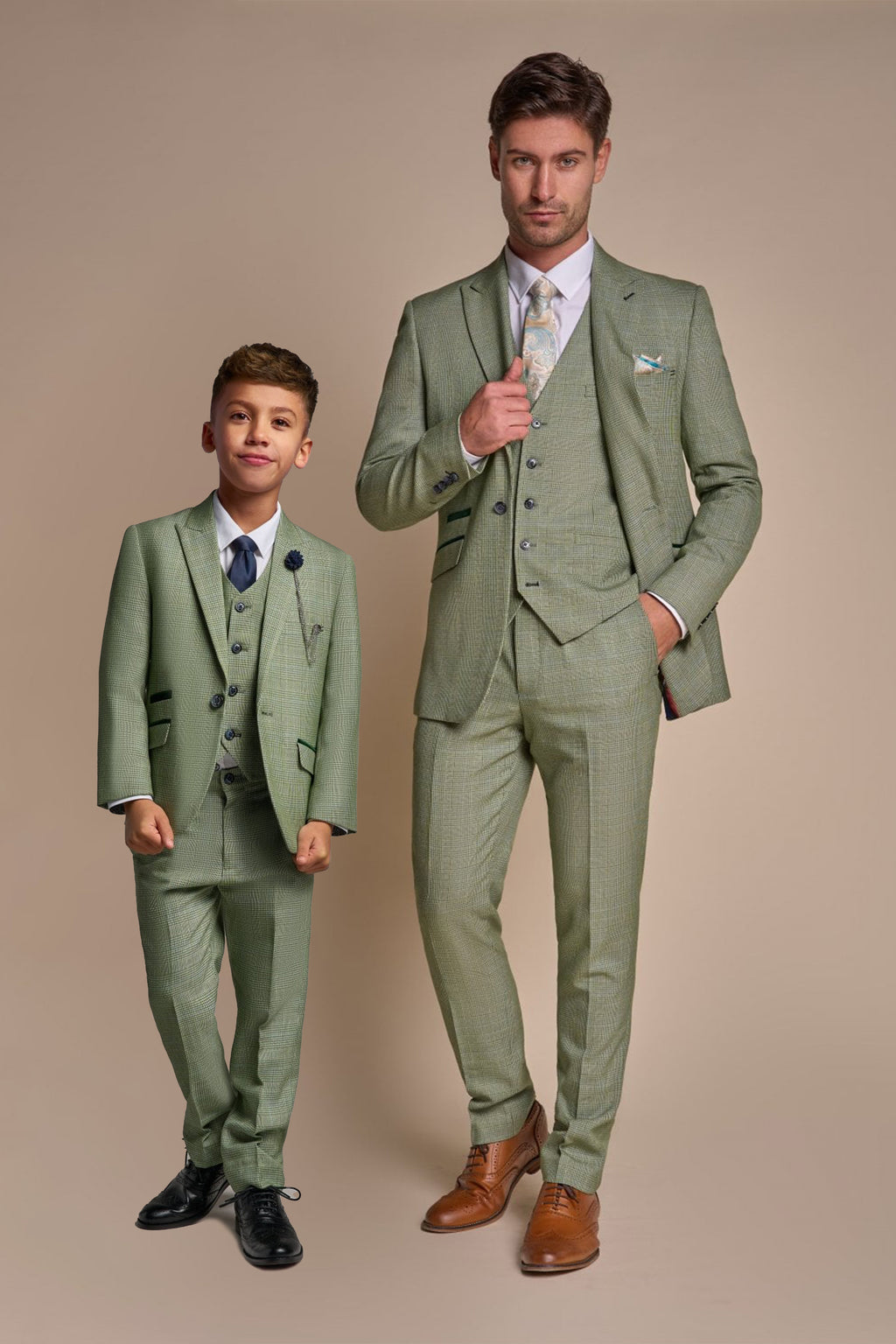 Boys Slim Fit Tweed Check Suit - CARIDI - Sage Green Father and Sons Picture