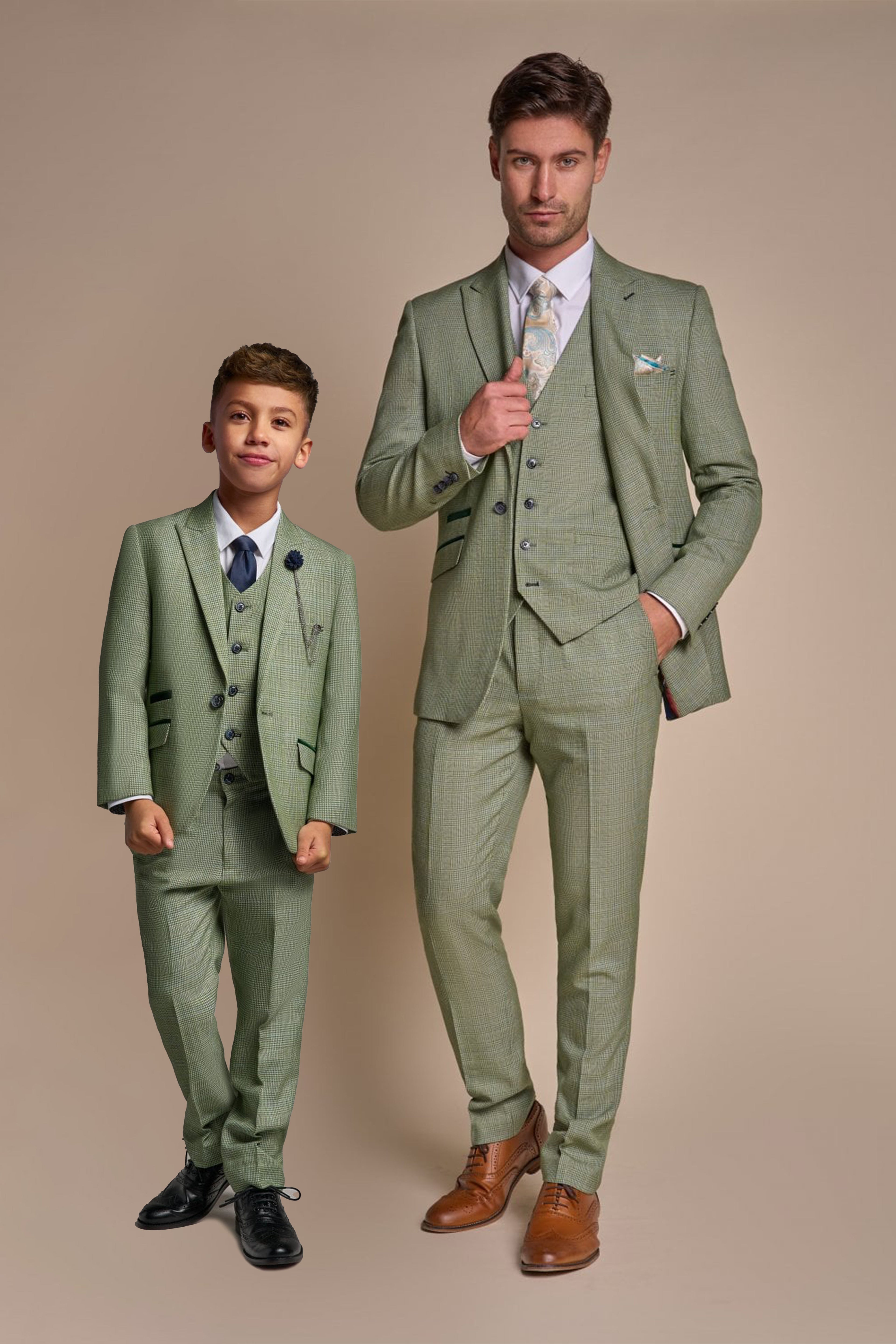 Boys Slim Fit Tweed Check Suit - CARIDI - Sage Green Father and Sons Picture