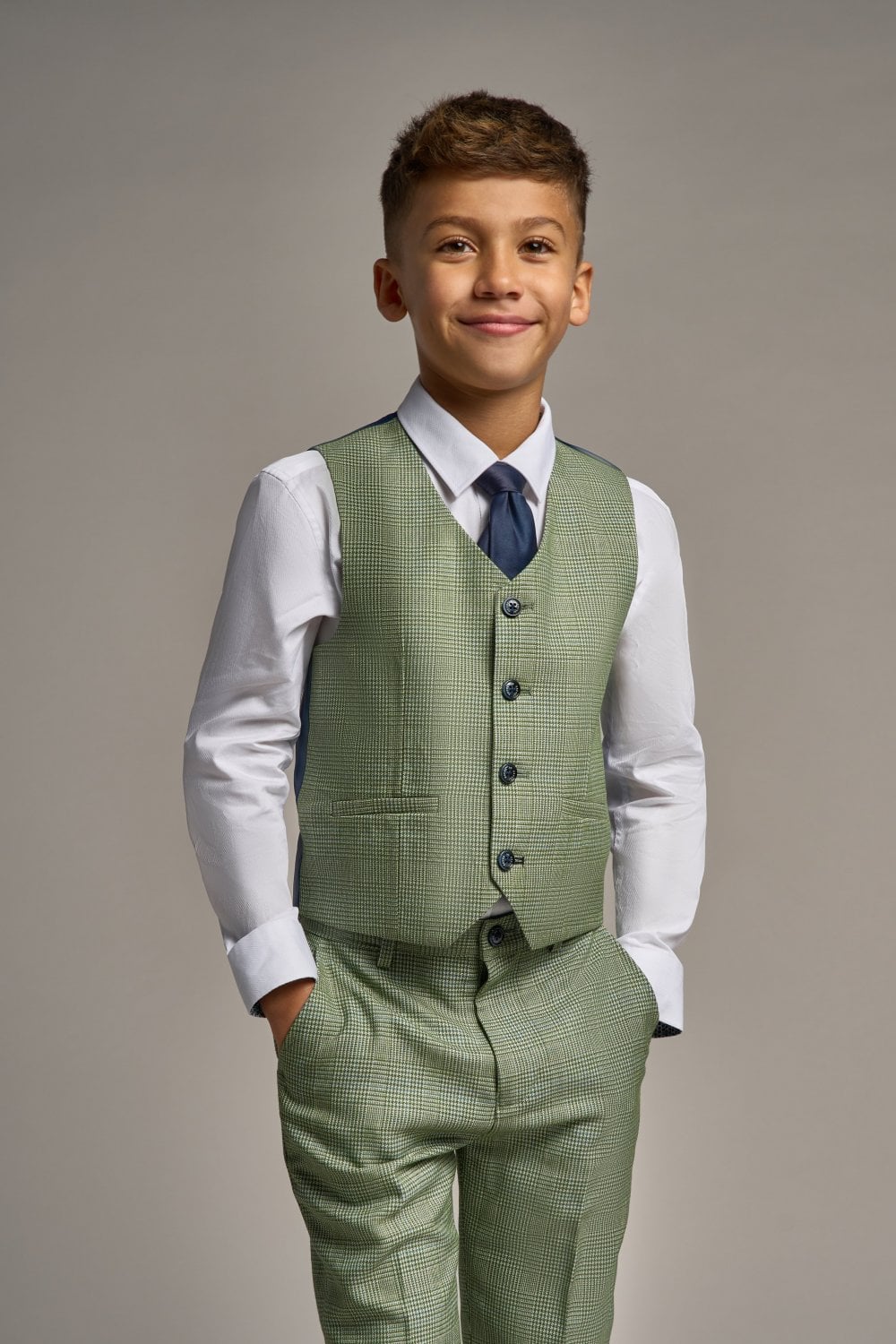 Boys Slim Fit Tweed Check Suit - CARIDI - Sage Green Waistcoat Picture