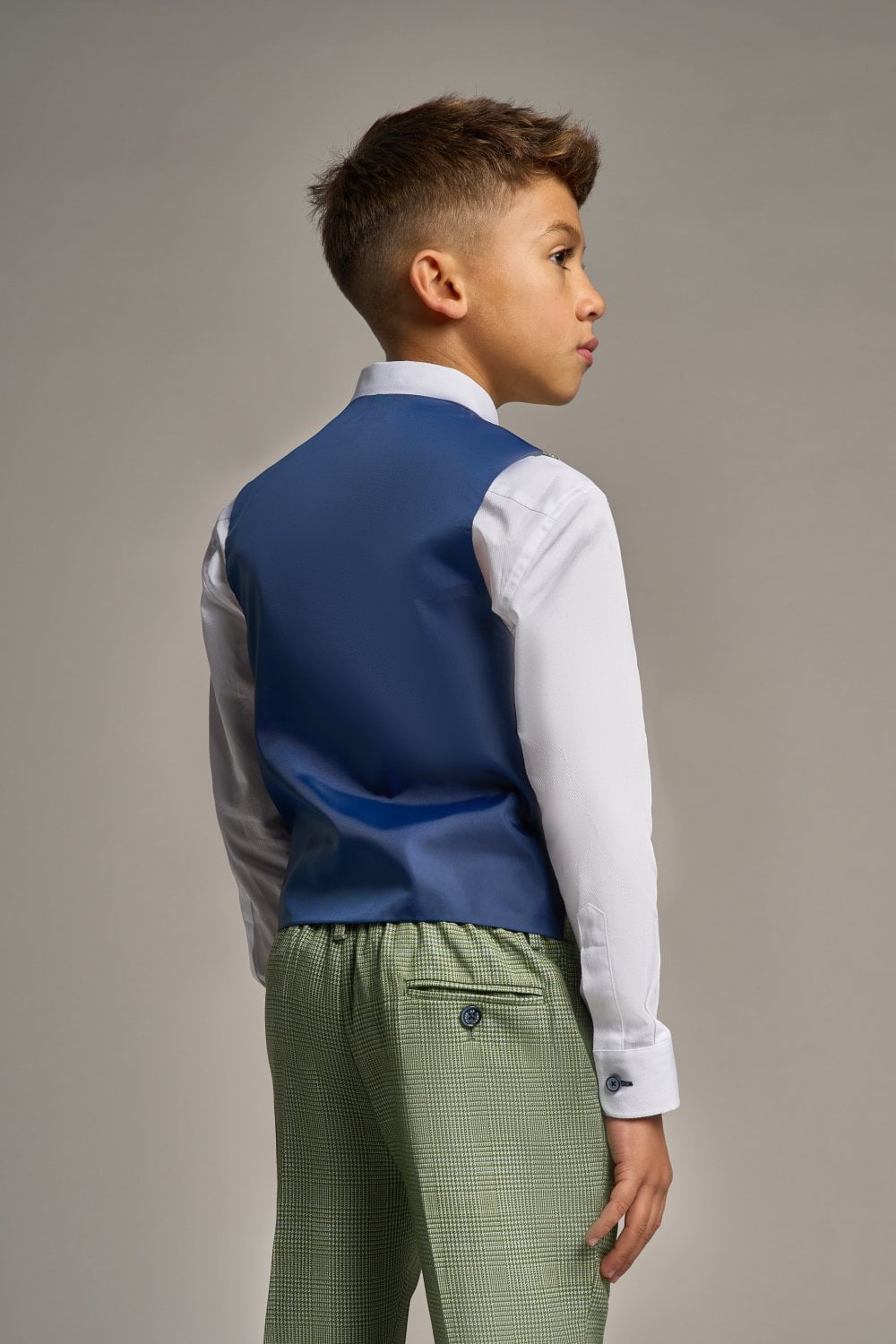 Boys Slim Fit Tweed Check Suit - CARIDI - Sage Green Waistcoat Back Picture