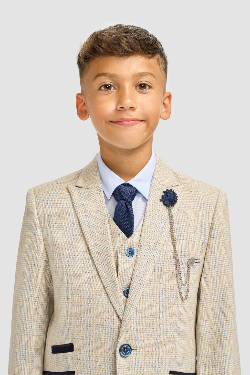 Boys Tweed Houndstooth Check Slim Fit Suit - CARIDI - Beige