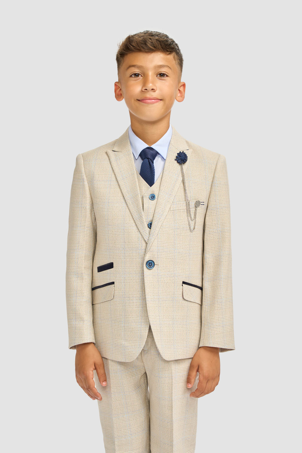 Boys Tweed Houndstooth Check Slim Fit Suit - CARIDI - Beige Model Picture