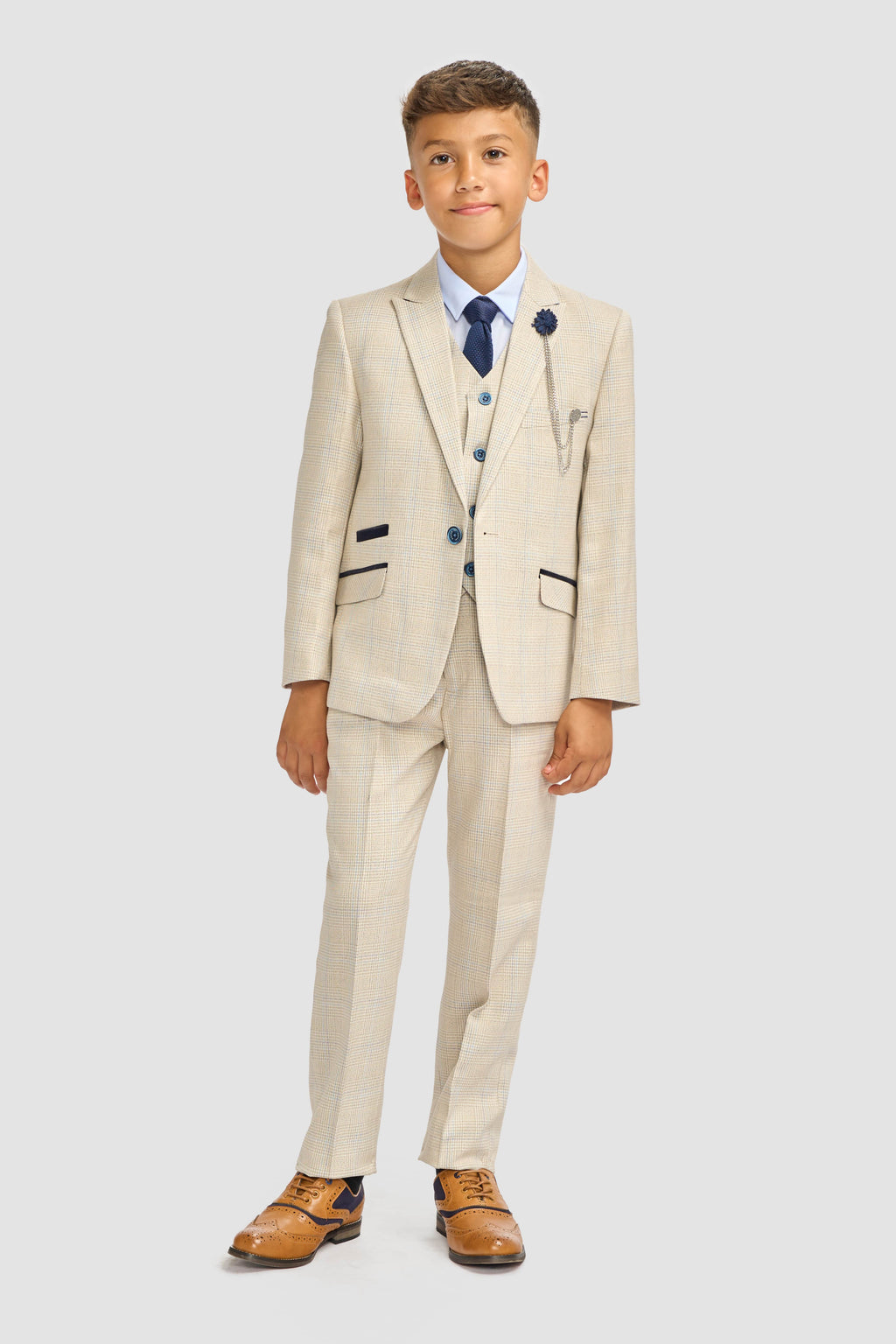 Boys Tweed Houndstooth Check Slim Fit Suit - CARIDI - Beige Model Front Picture