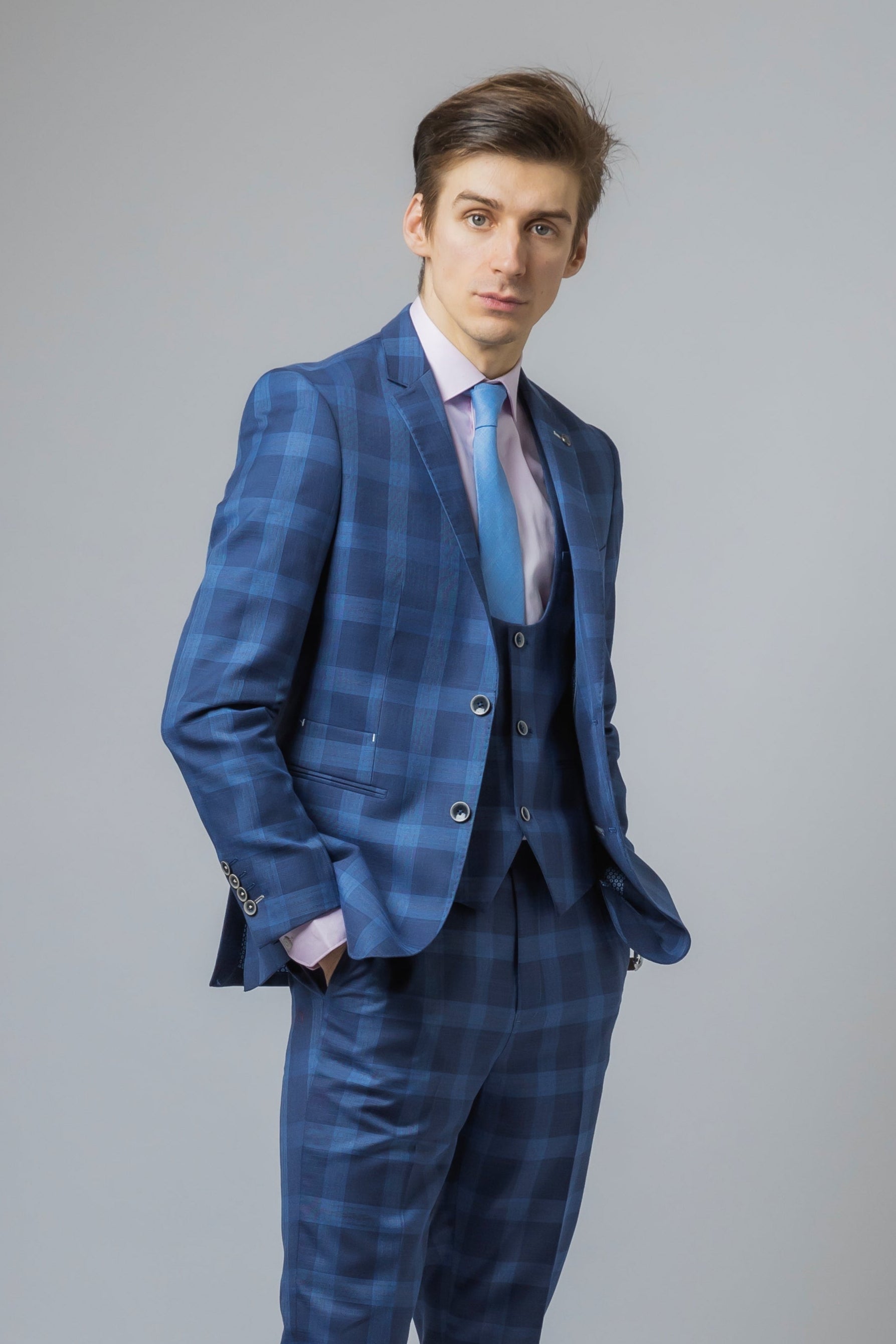 Men's Hunter Dark Blue Windowpane Check Vintage-Style Suit