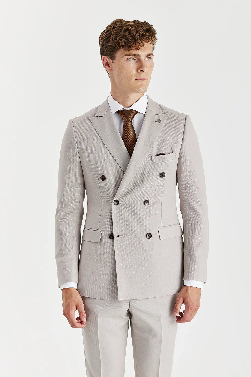 Men's tailored fit double-breasted stone beige suit, 2-piece set