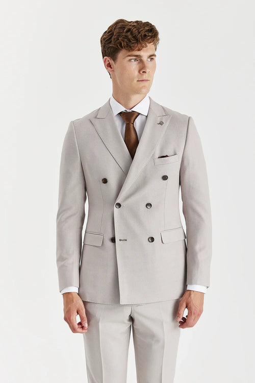 Men's tailored fit double-breasted stone beige suit, 2-piece set