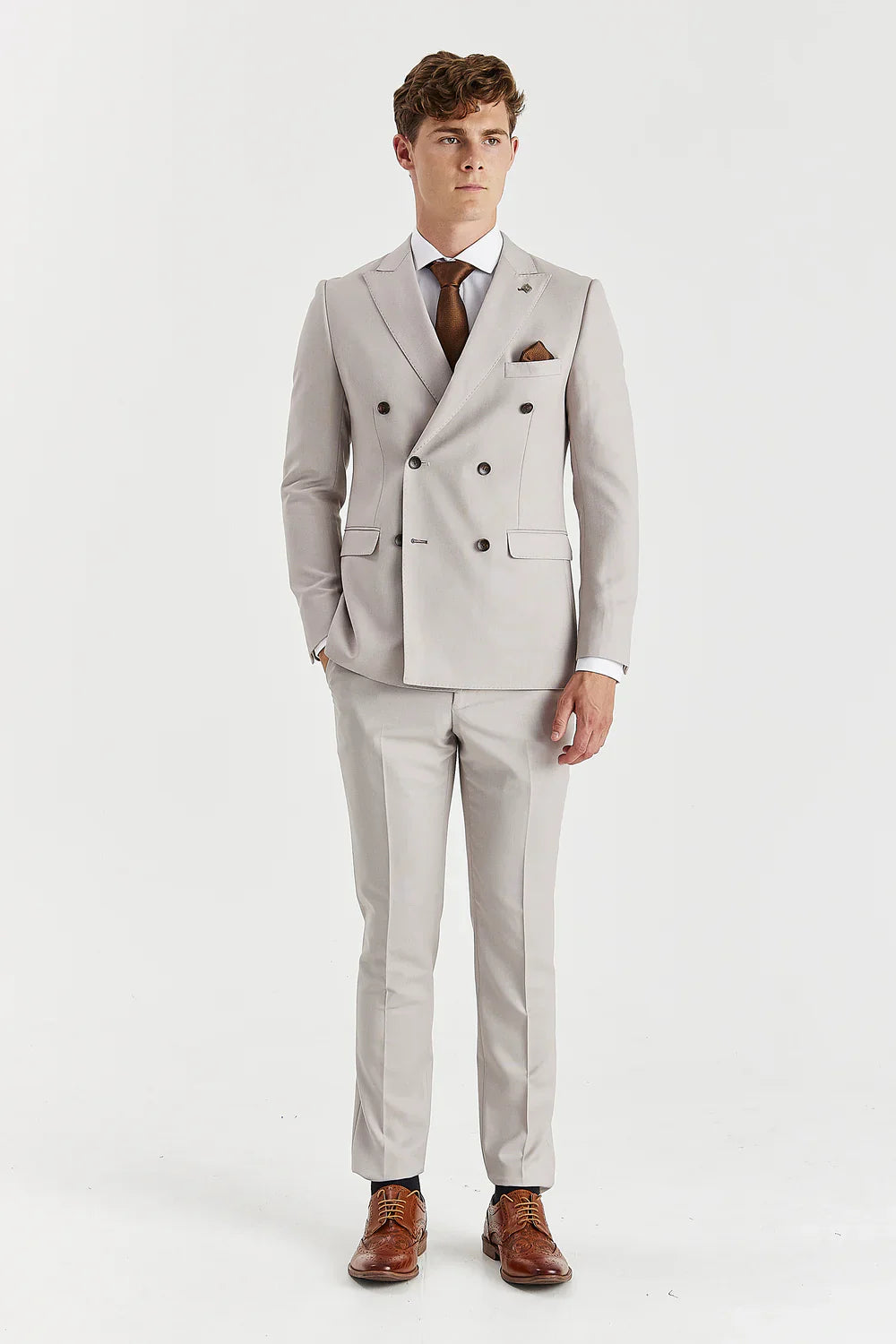 Men’s 2-Piece Tailored Fit Double Breasted Suit - MAYFAIR - Stone Modle Front Picture