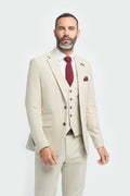 men’s 3-piece beige cotton microcheck slim fit suit