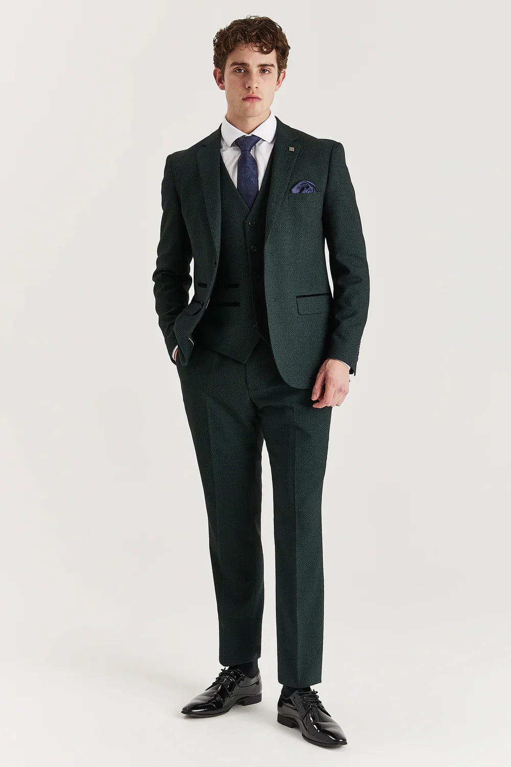 Men’s 3-Piece Glen Check Formal Suit - Regent - Olive Green Model Front Picture