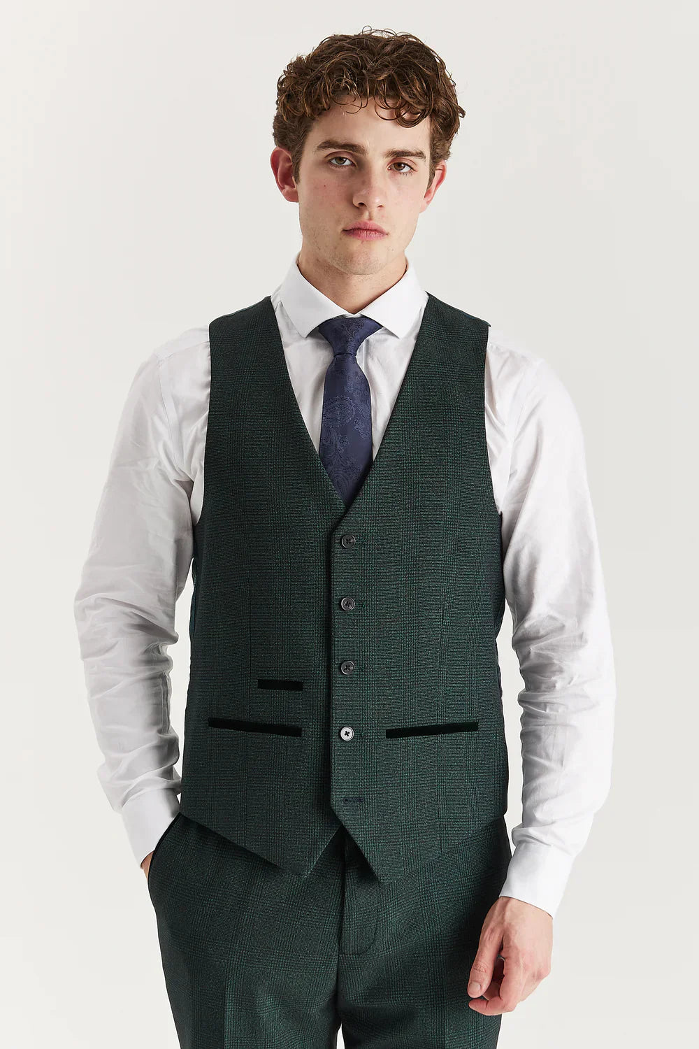 Men’s 3-Piece Glen Check Formal Suit - Regent - Olive Green Waistcoat Picture