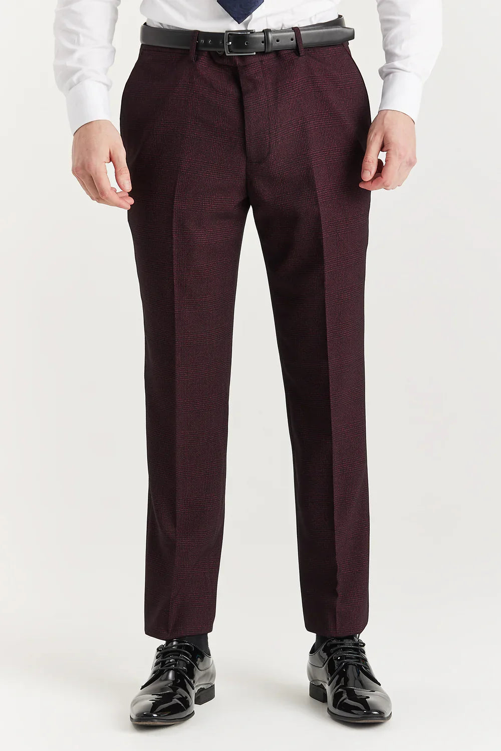 Men’s 3-Piece Glen Check Formal Suit - Regent - Wine Red Trousers Picture