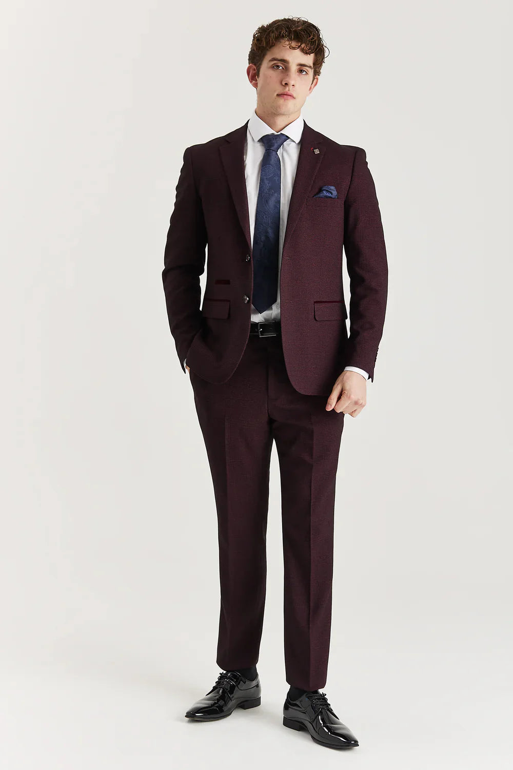 Men’s 3-Piece Glen Check Formal Suit - Regent - Wine Red Picture