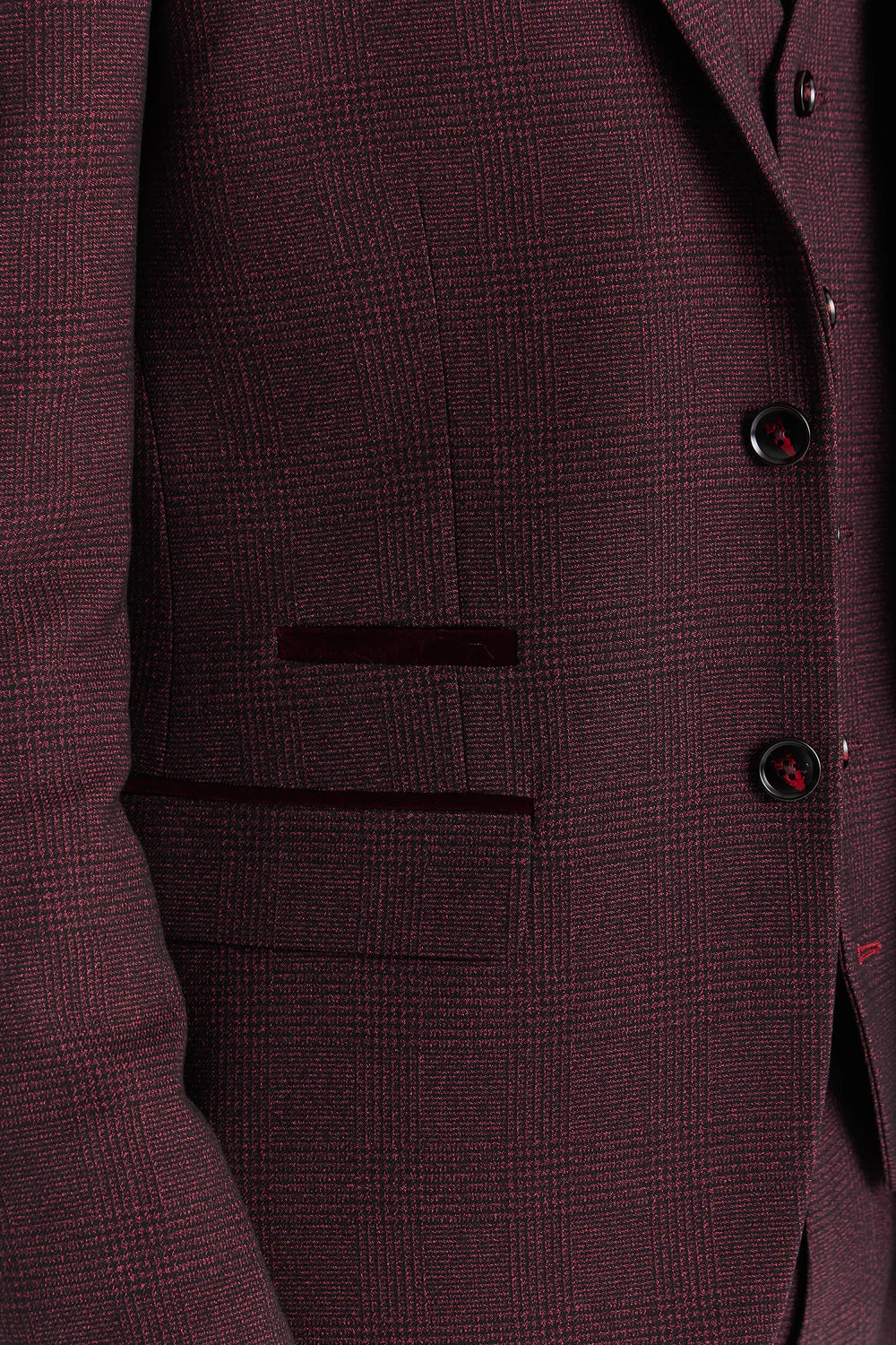 Men’s 3-Piece Glen Check Formal Suit - Regent - Wine Red Detail Picture