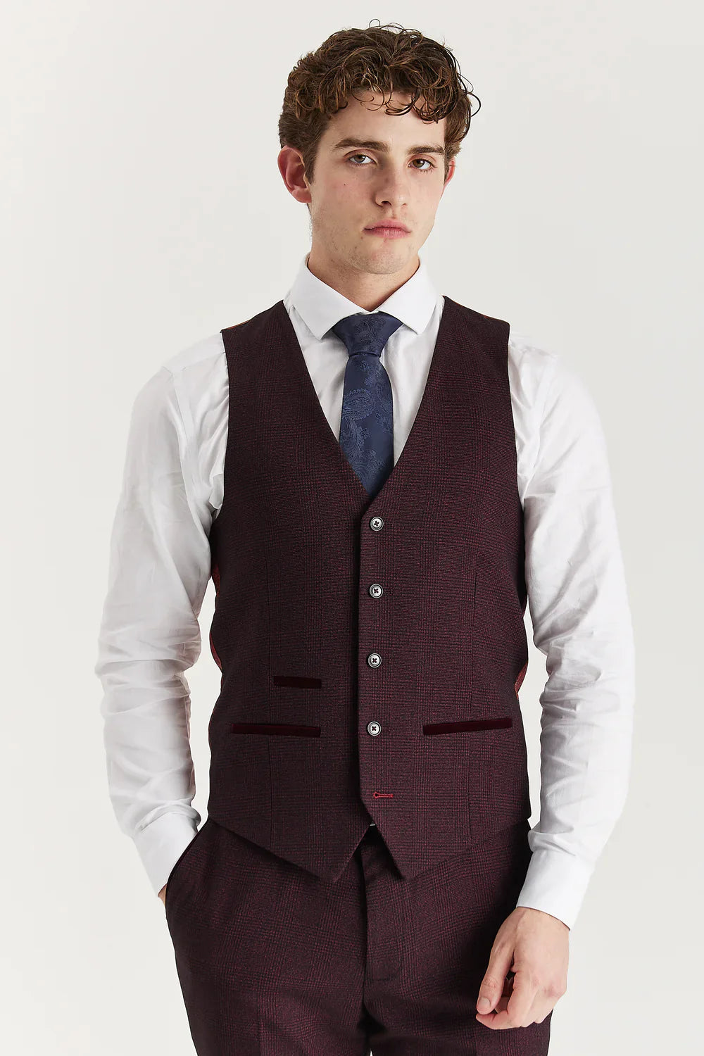 Men’s 3-Piece Glen Check Formal Suit - Regent - Wine Red Waistcoat Picture