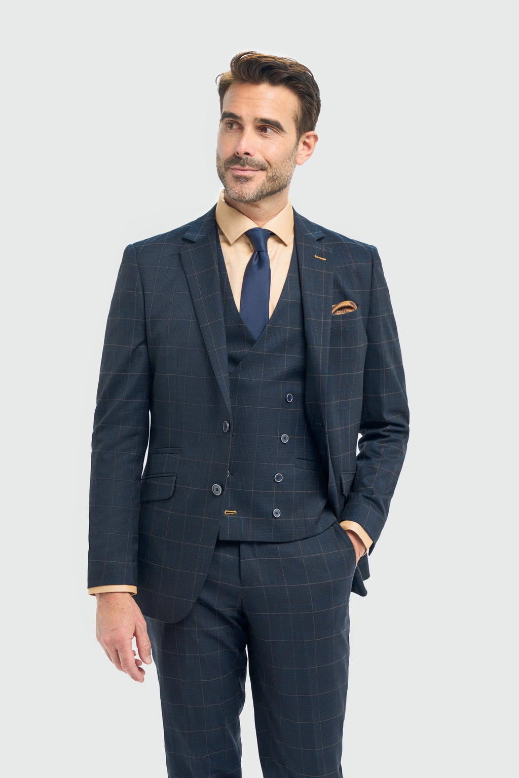 Men’s 3-Piece Navy Windowpane Check Suit with Double Breasted Waistcoat - Torino Model Picture