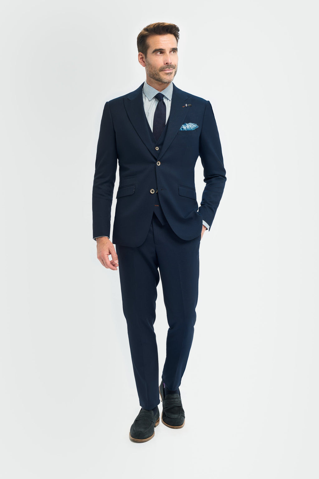 Men’s 3-Piece Slim Fit Textured Formal Suit - Tropez - Navy Blue Model Front Picture