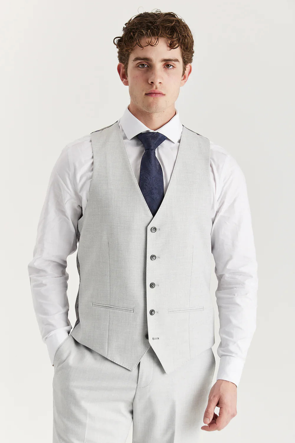 Men’s 3-Piece Tailored Fit Formal Suit - Belmont - Silver Wasitcoat Picture