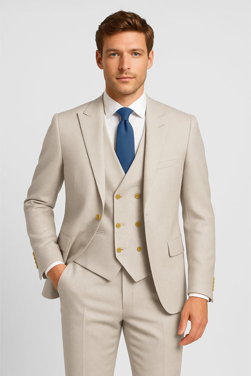 Men’s 3-Piece Textured Suit with Double-Breasted Waistcoat - CORE - Beige Modle Picture