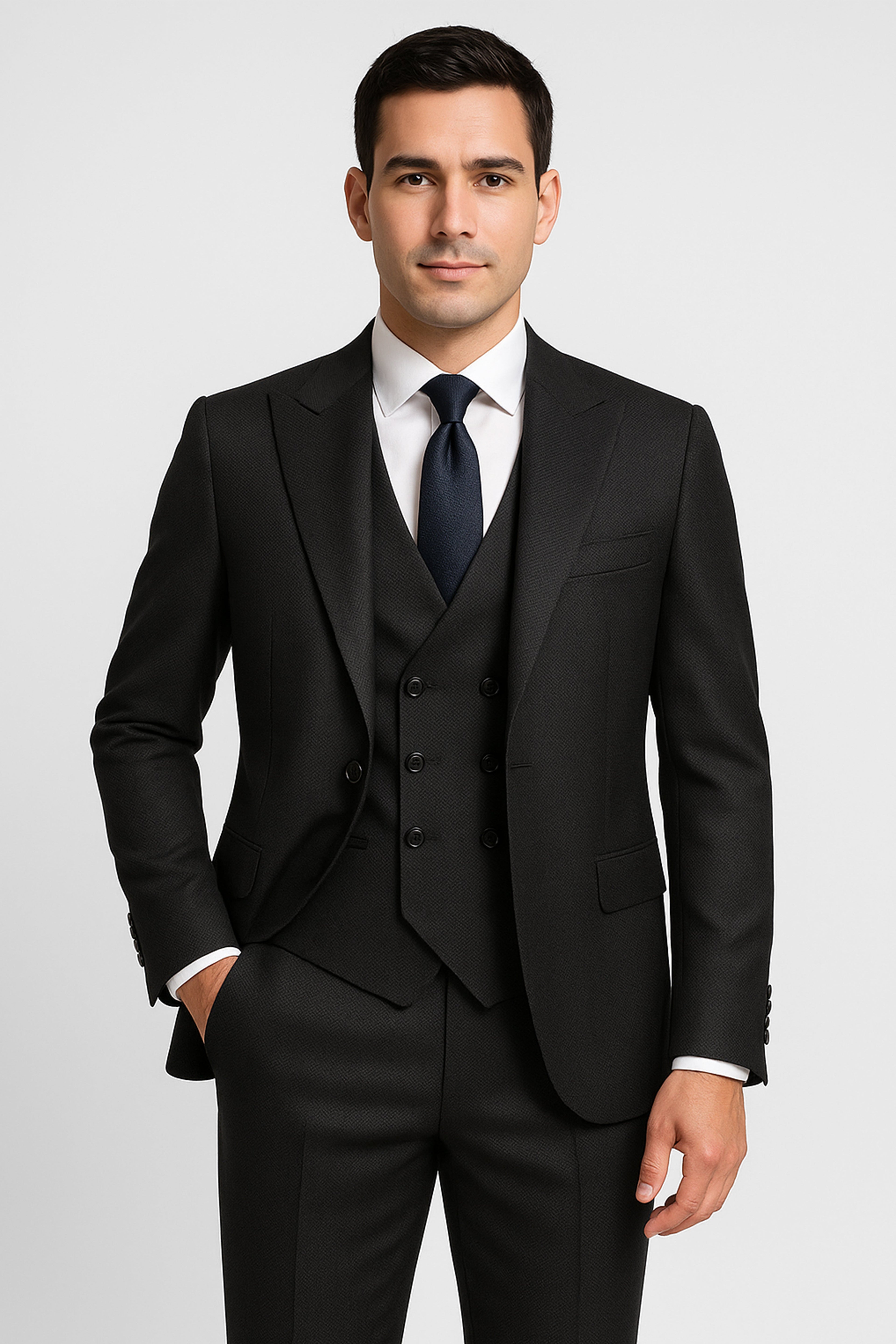 CORE Black Men's 3-Piece Textured Suit with Double-Breasted Waistcoat