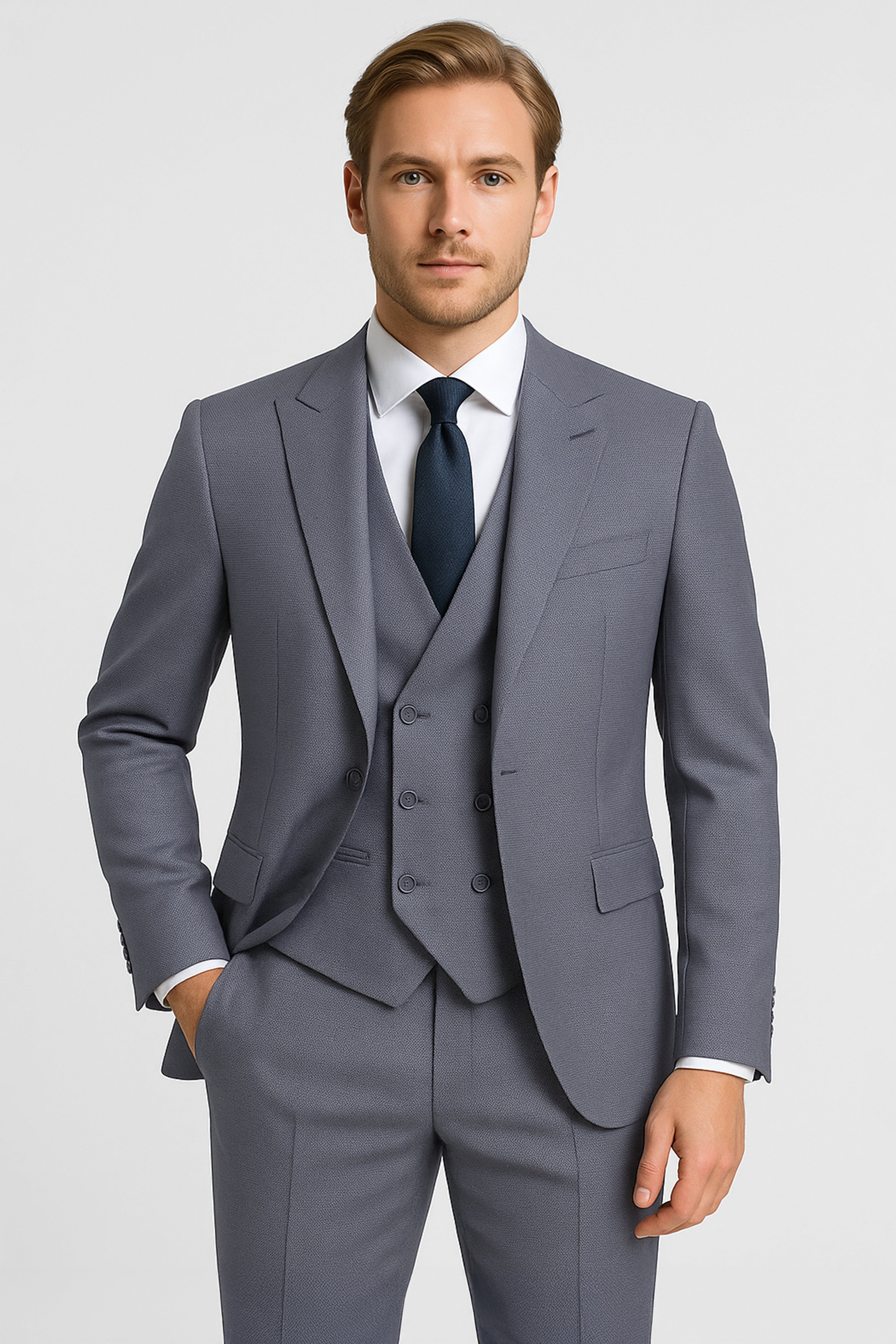 Men’s 3-Piece Textured Suit with Double-Breasted Waistcoat - CORE - Grey Modle Picture
