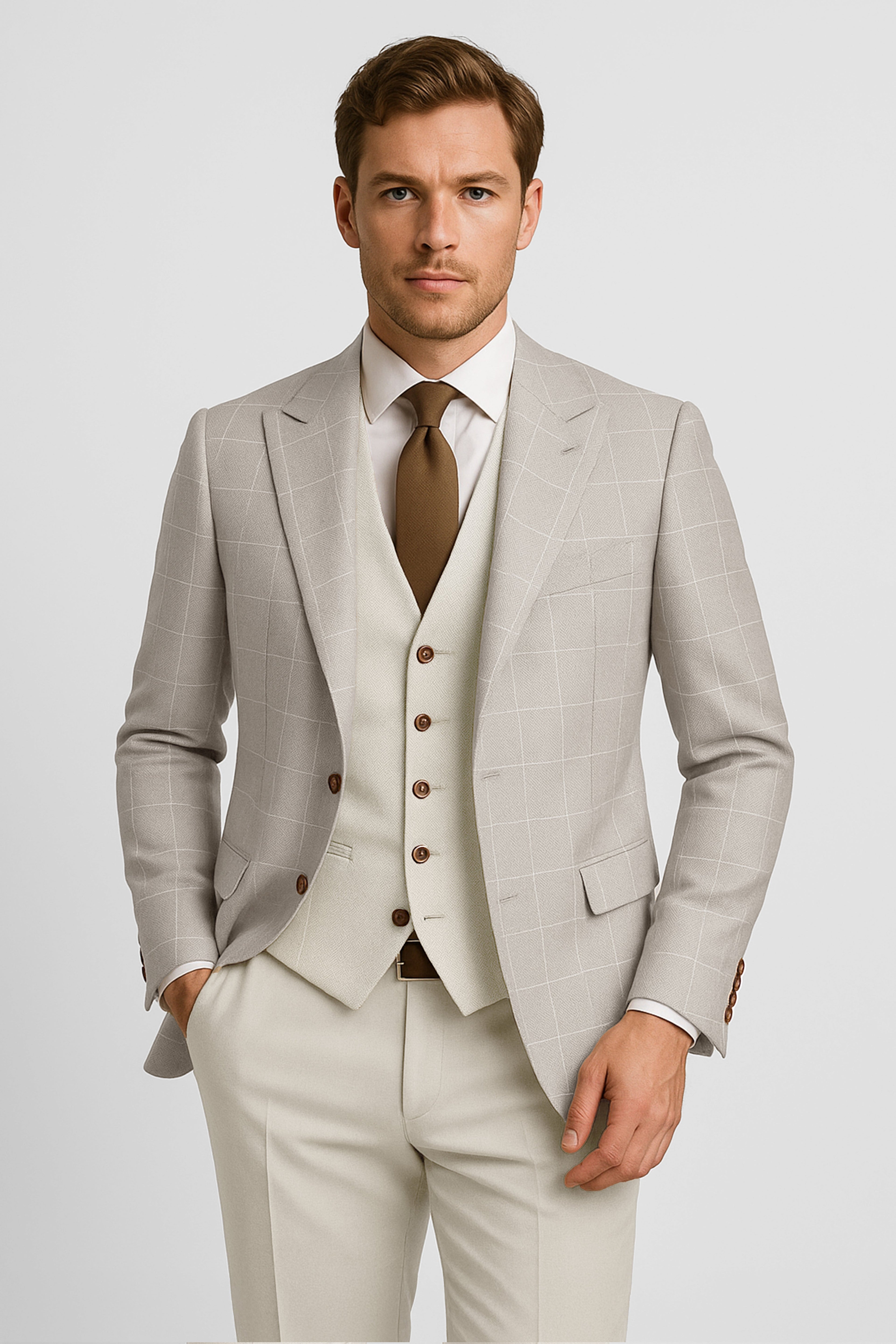 Men’s 3-Piece Windowpane Check Formal Suit - Beige Model Picture