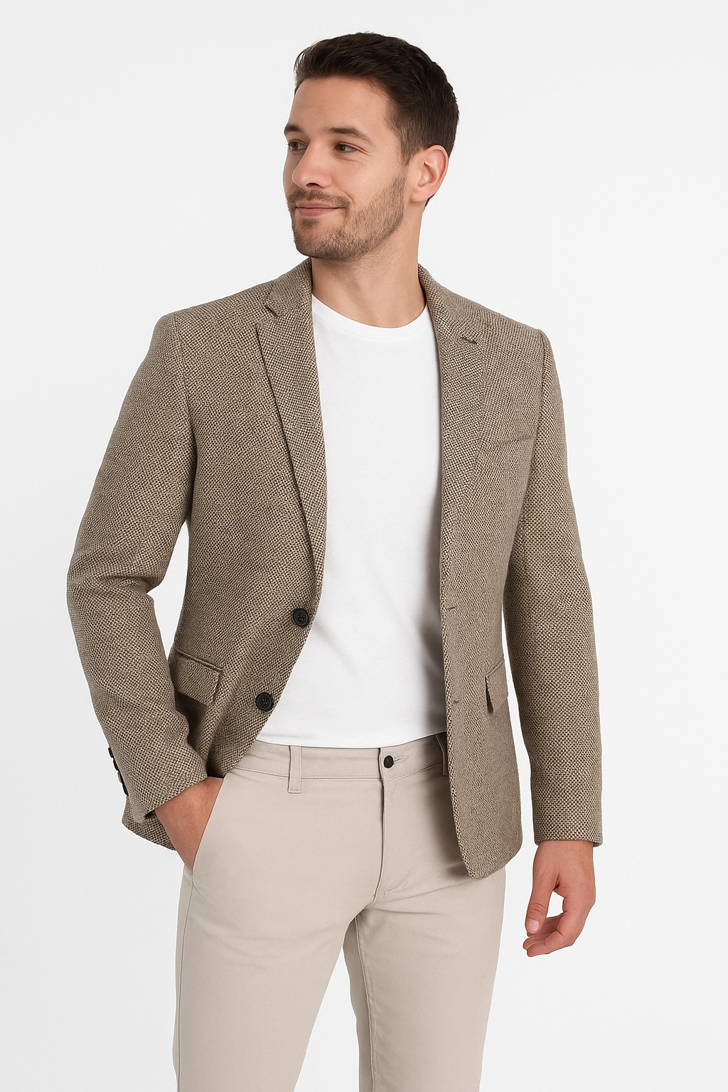 Man wearing beige tweed blazer with vintage car print lining