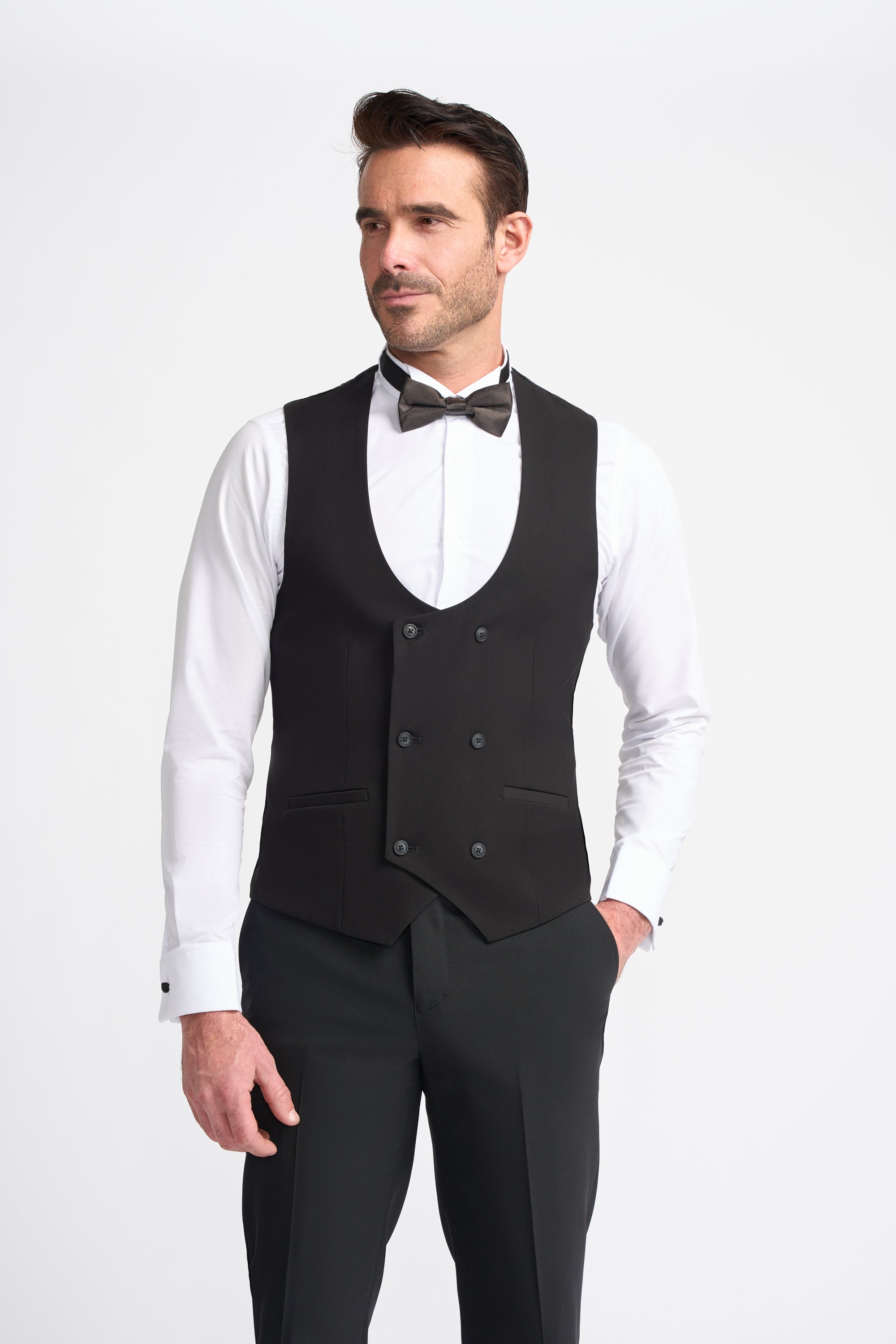 Mens black scoop double breasted waistcoat Malibu