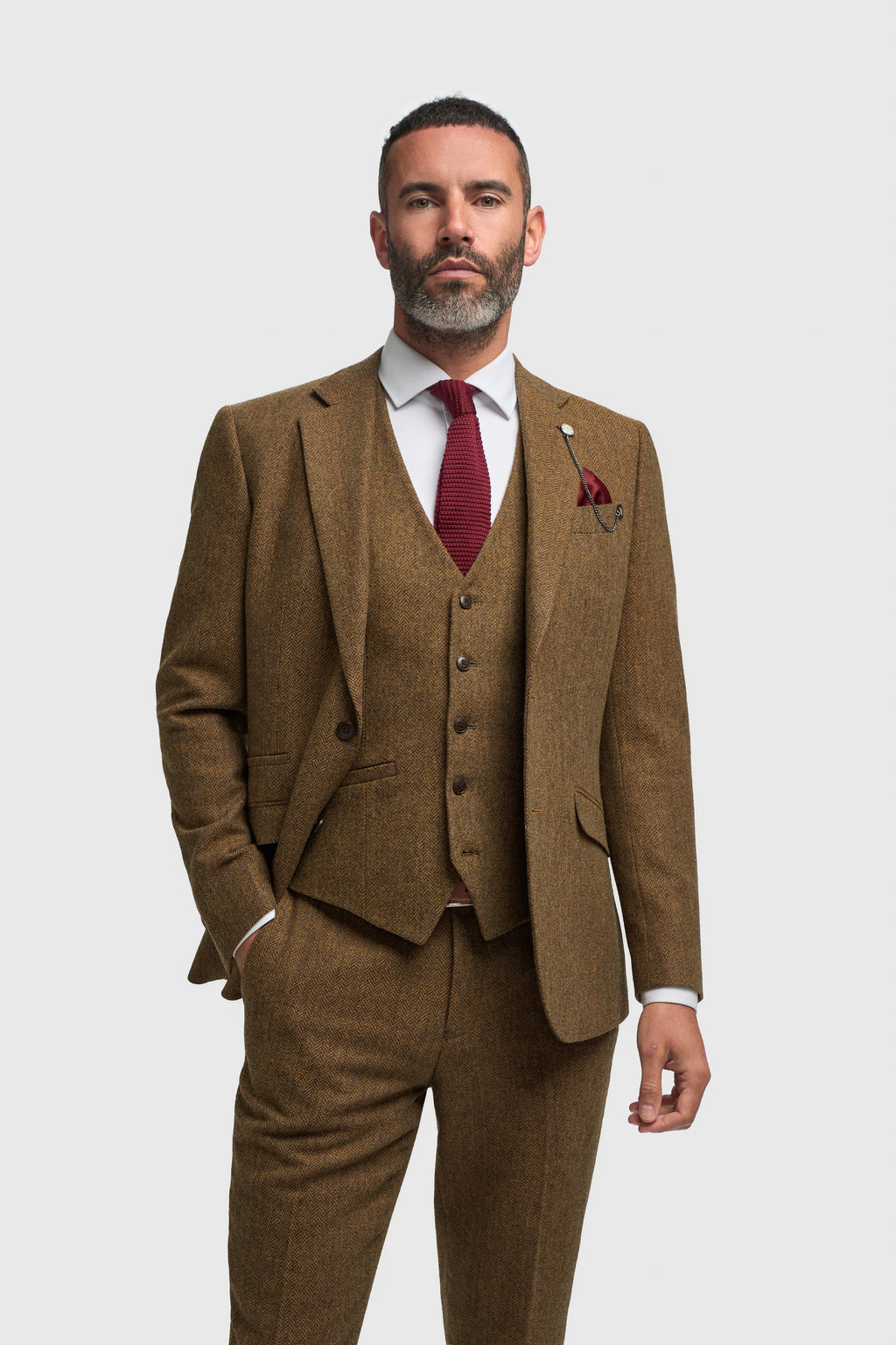 Men’s Brown 3 Piece Wool Herringbone Tweed Suit Thomas Model Picture