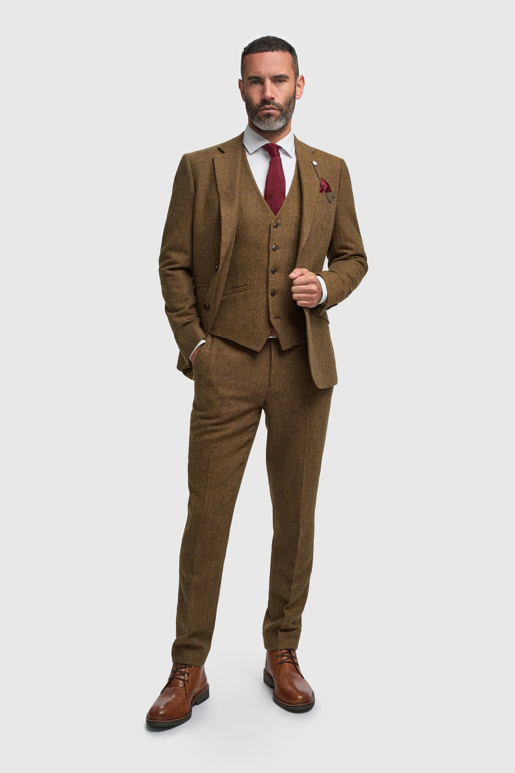 Men’s Brown 3 Piece Wool Herringbone Tweed Suit Thomas Model Front Picture