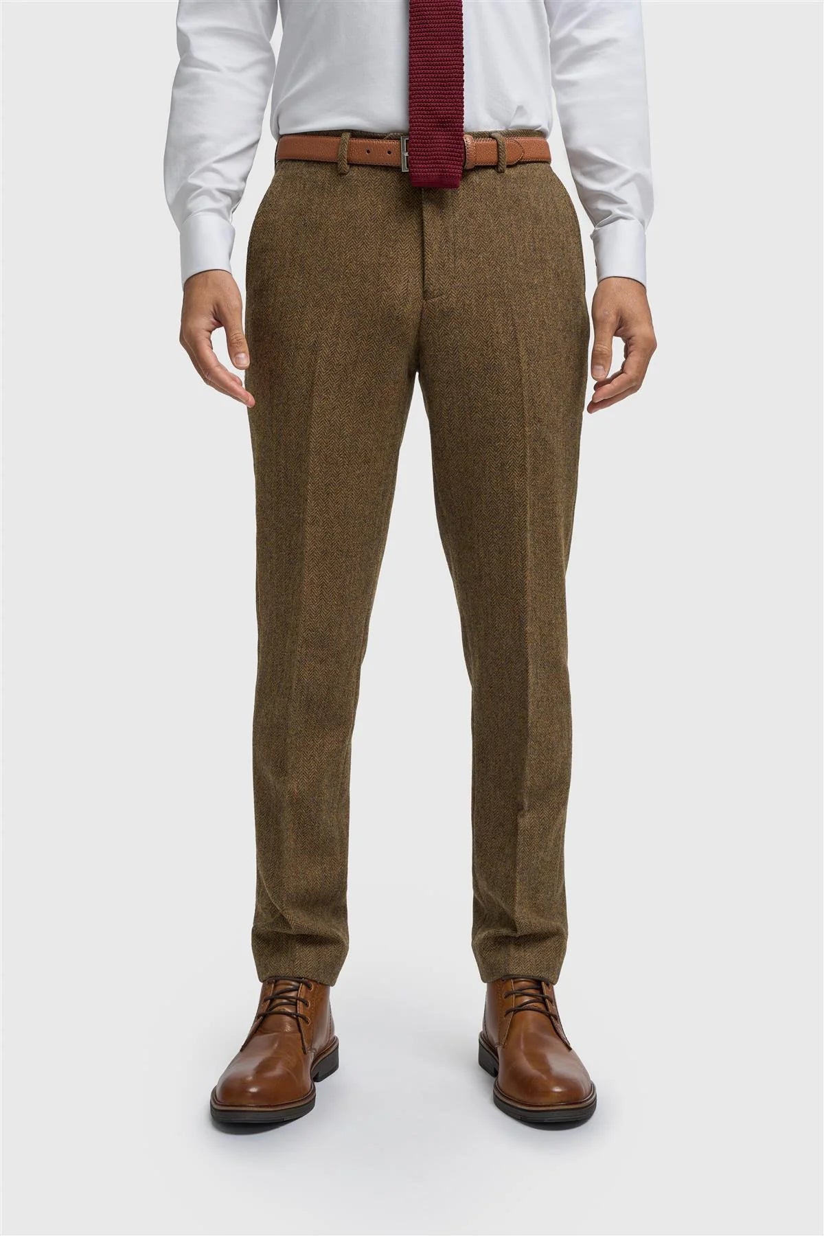 Men’s Brown 3 Piece Wool Herringbone Tweed Suit Thomas - Trousers Front Picture