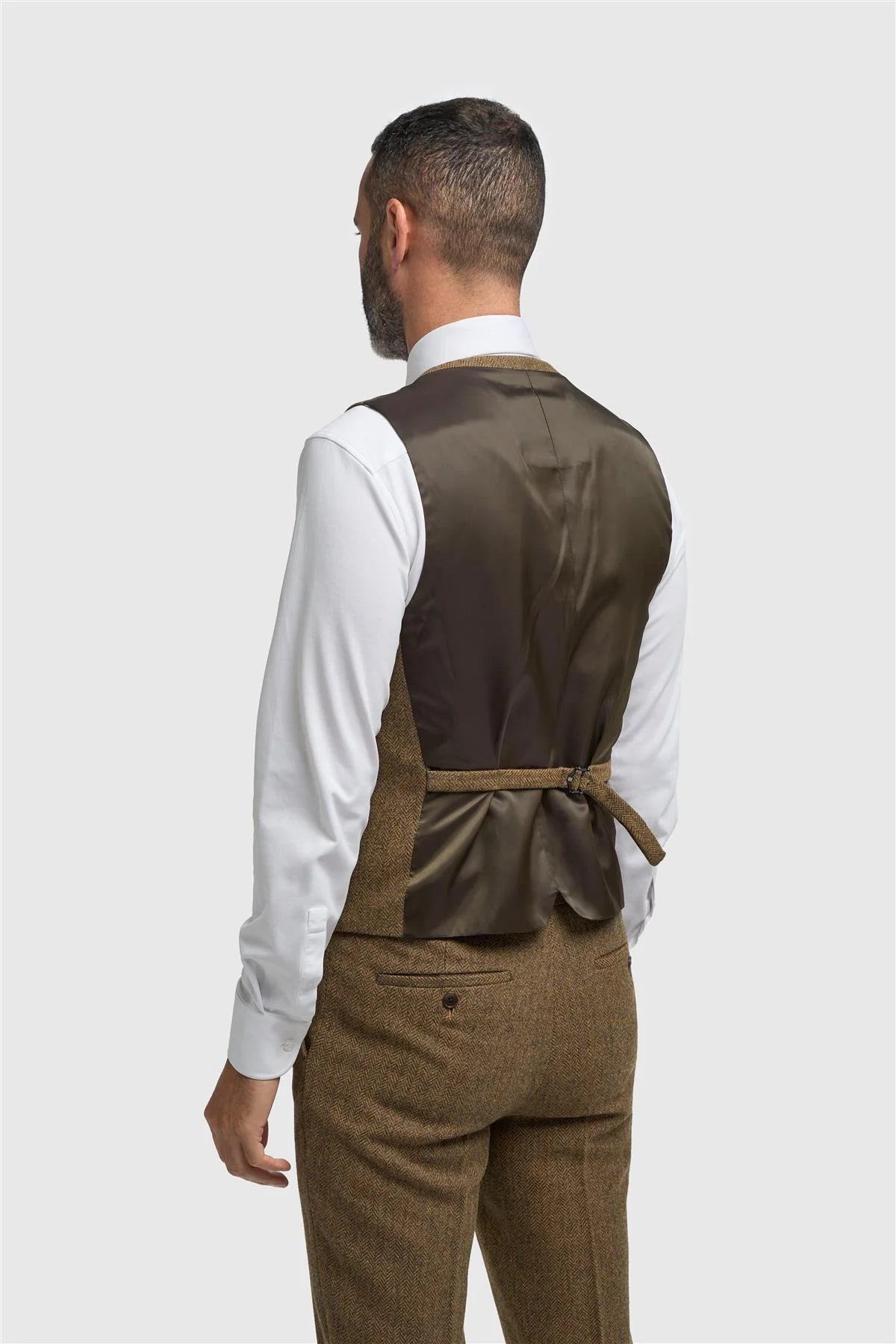 Men’s Brown 3 Piece Wool Herringbone Tweed Suit Thomas - Waistcoat Back Picture