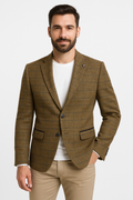Men's Brown Checked Wool Blazer with Navy Trim – Smart Casual Fit