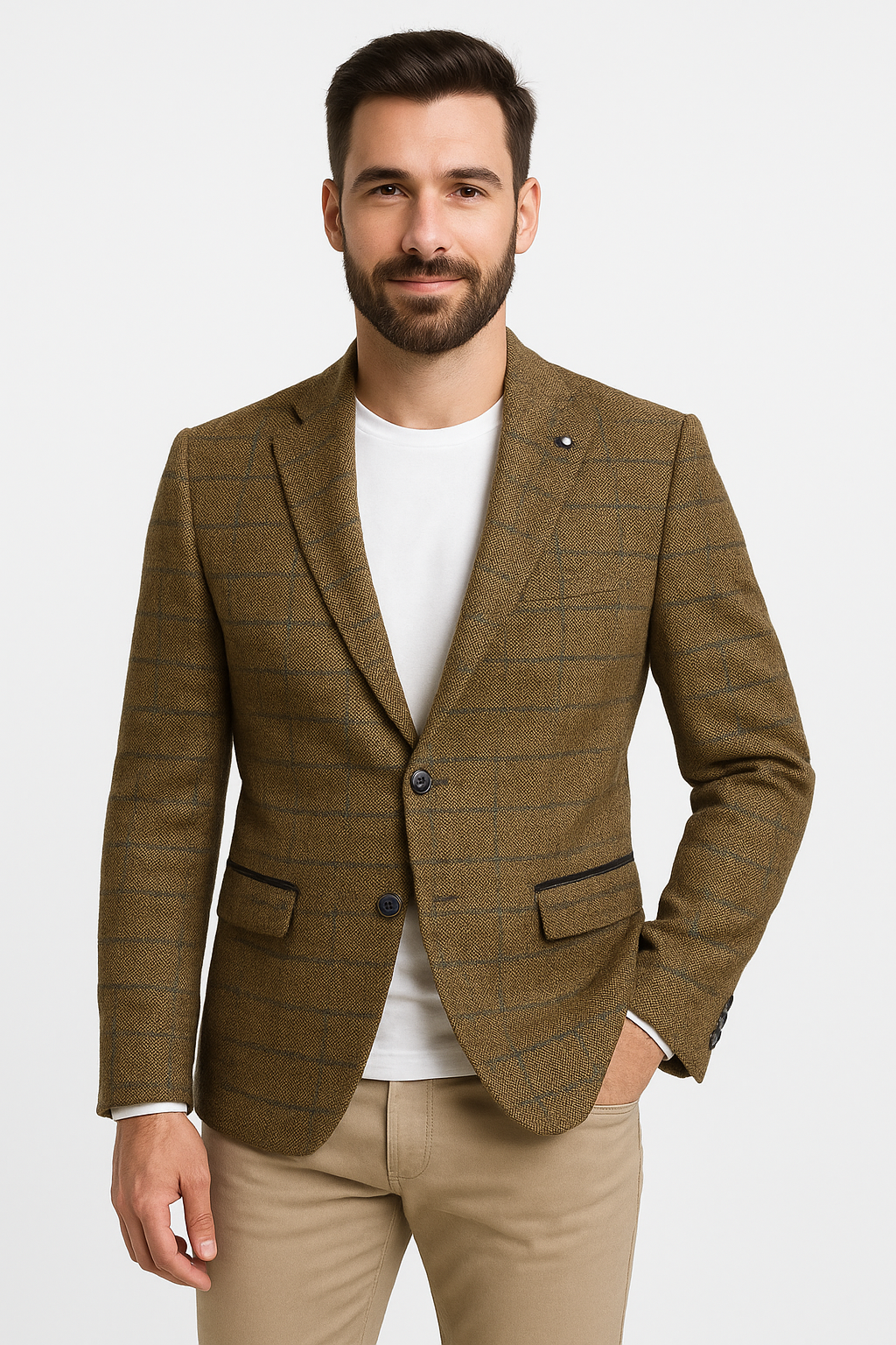 Men's Brown Checked Wool Blazer with Navy Trim – Smart Casual Fit